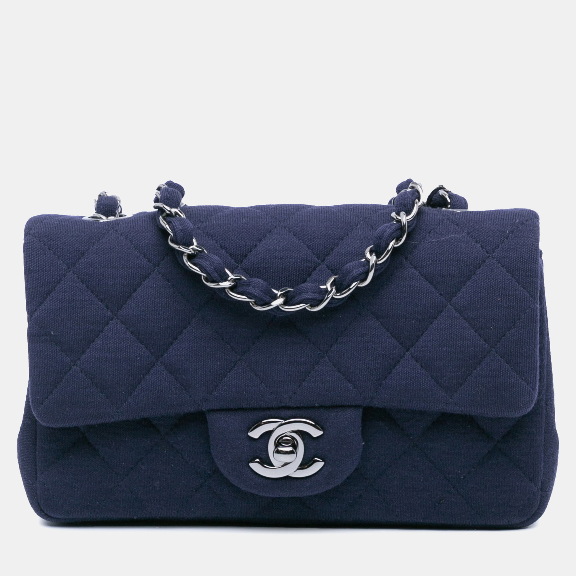 

Chanel Navy Blue Mini Rectangular Classic Jersey Single Flap