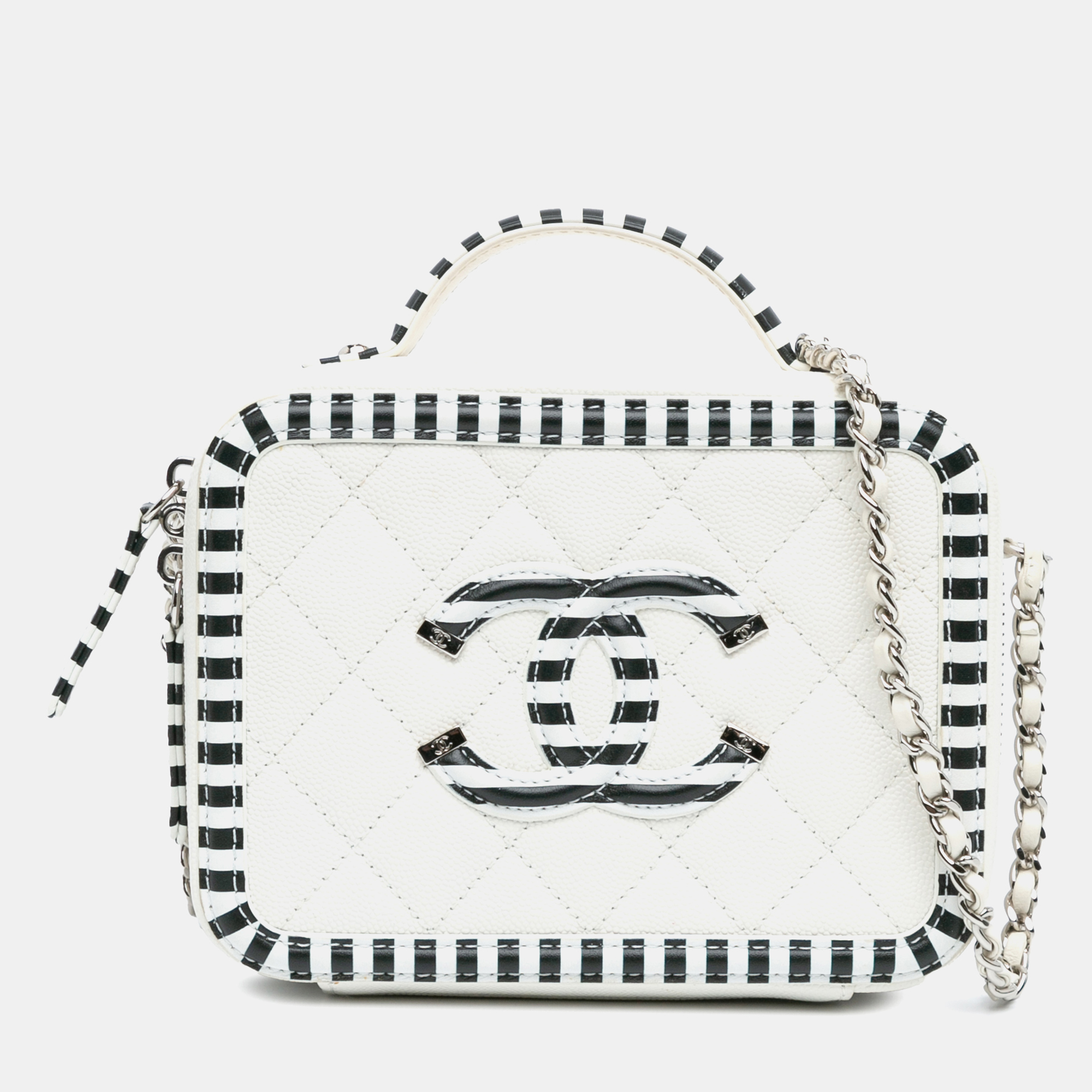 

Chanel White Caviar CC Small Filigree Striped Vanity Case