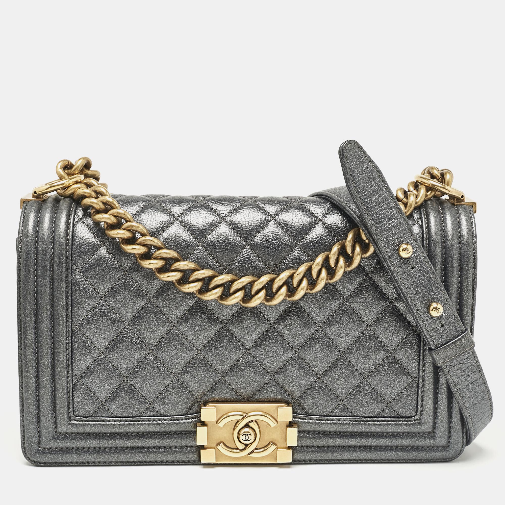 

Chanel Metallic Grey Quilted Leather  Boy Flap Bag