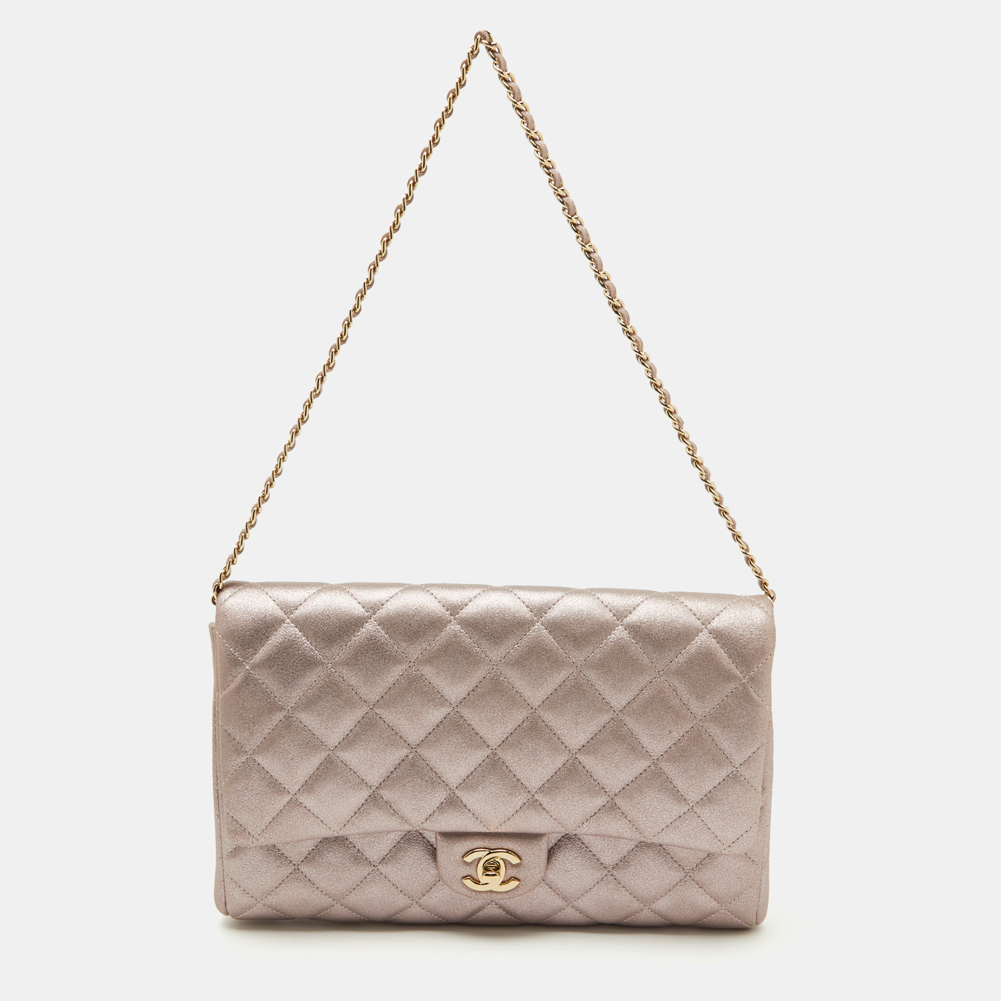 

Chanel Metallic Pink Quilted Leather Chain Flap Clutch, Beige