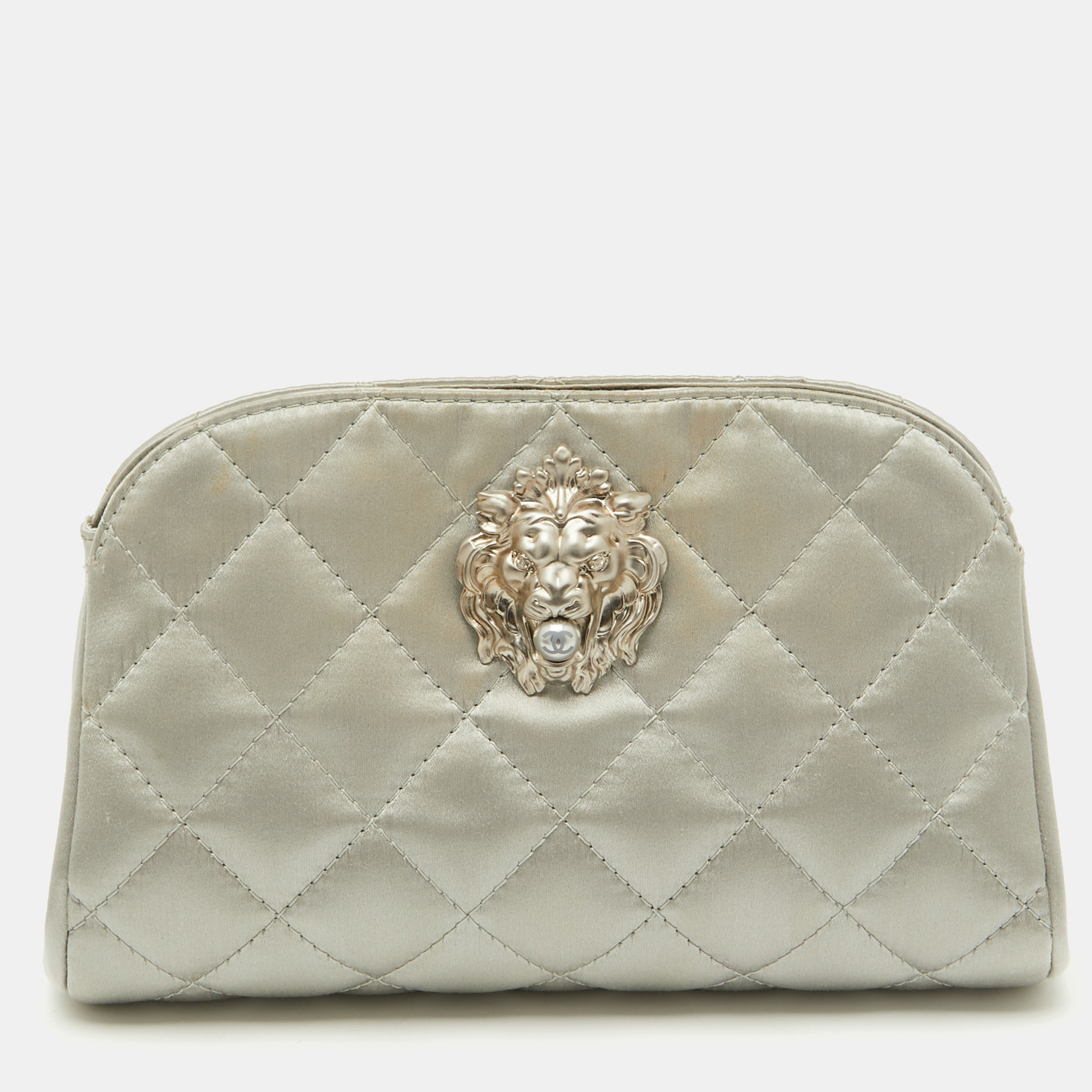 

Chanel Grey Quilted Satin Leo Lion CC Pearl Clutch