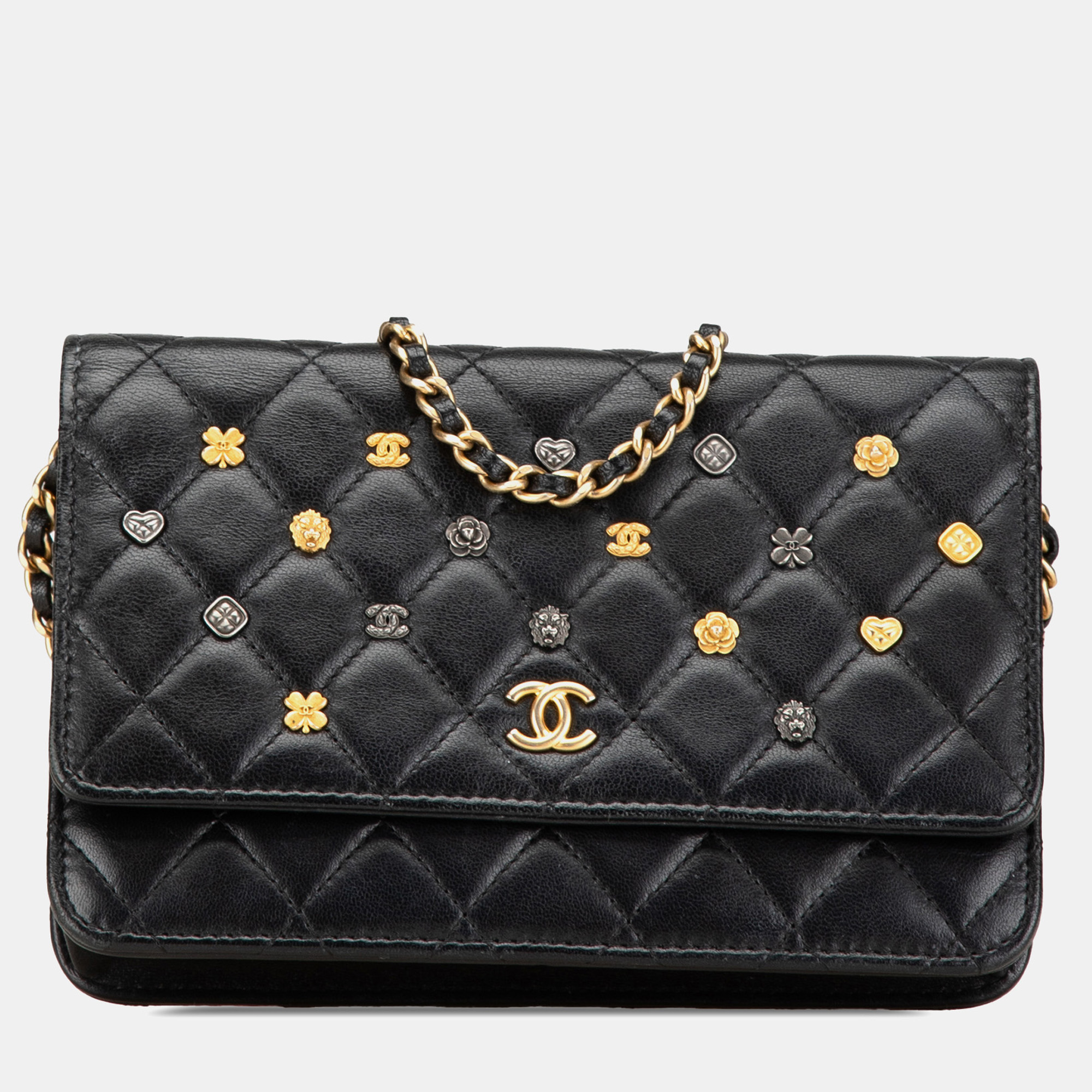 

Chanel Black Quilted Studded Lambskin 18K Lucky Charms Wallet On Chain