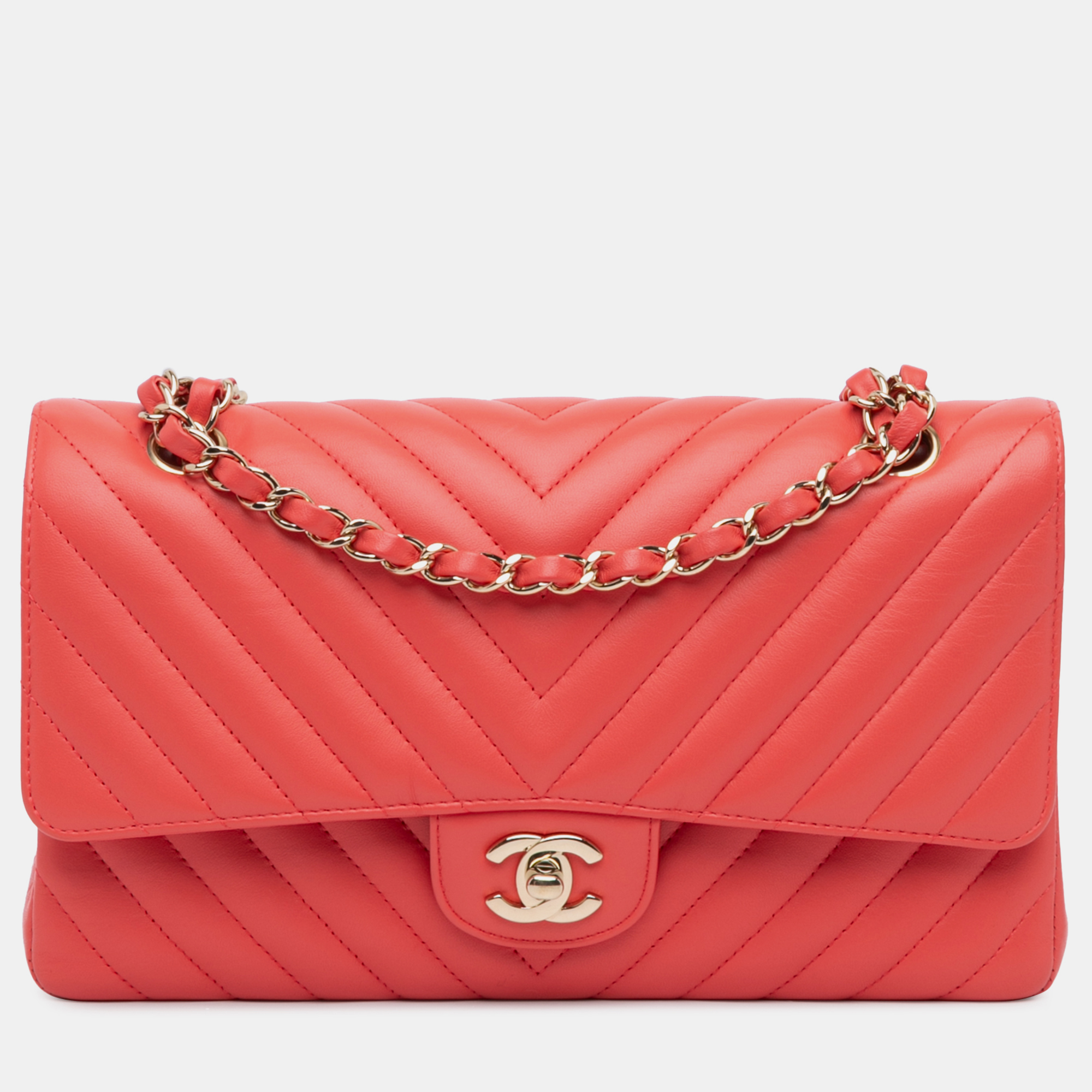 

Chanel Pink Medium Classic Chevron Lambskin Double Flap