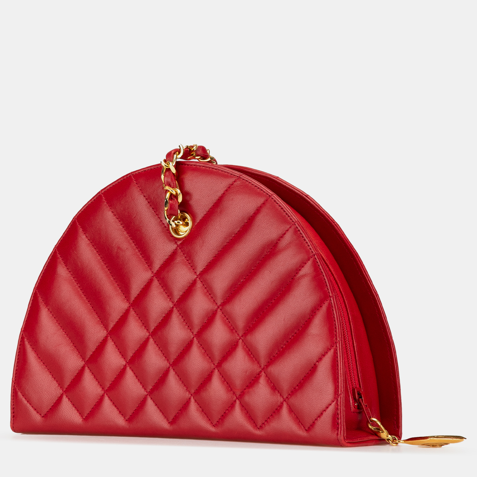 Chanel Red Quilted Lambskin Half Moon Chain Shoulder Bag 