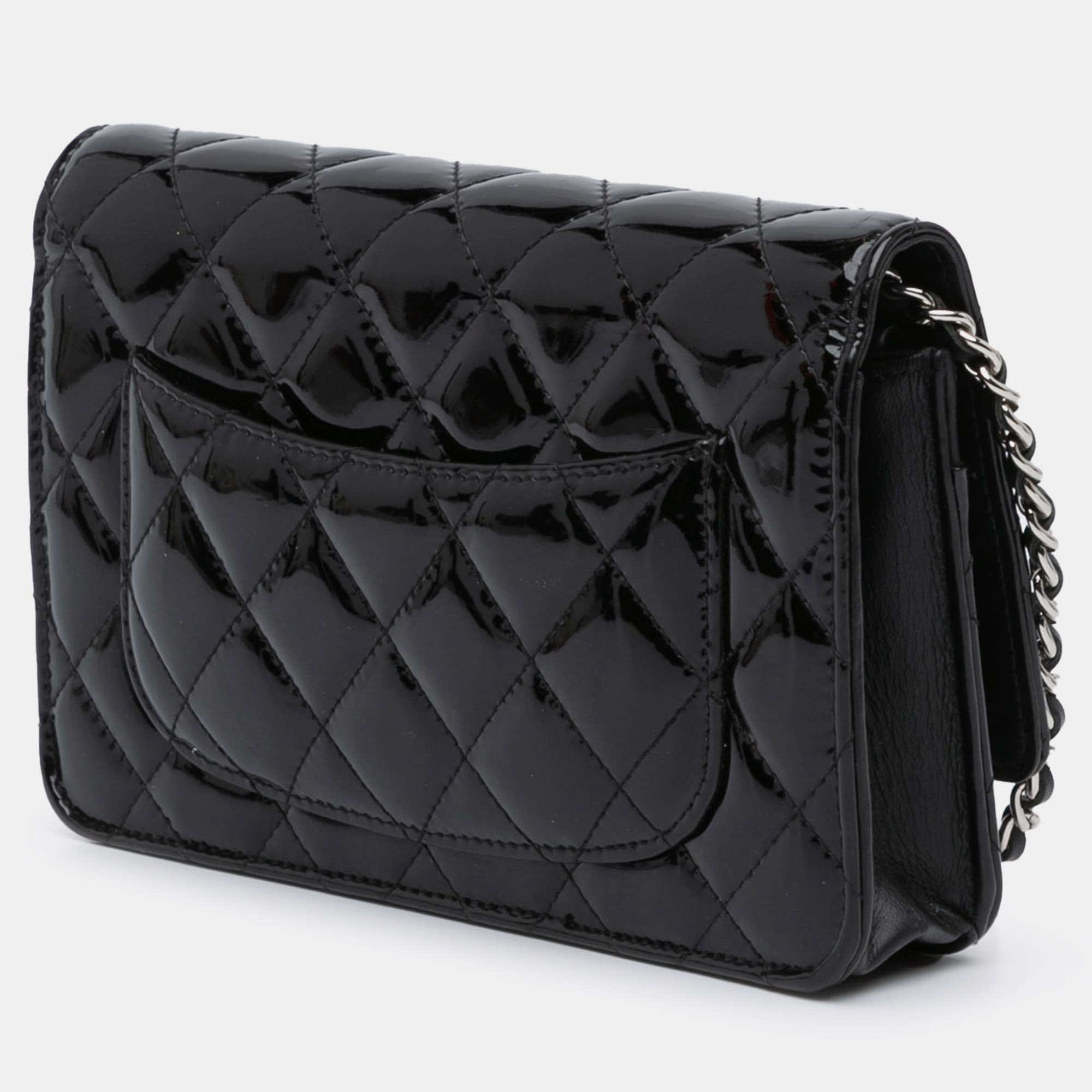 Chanel Black CC Quilted Patent Wallet On Chain 
