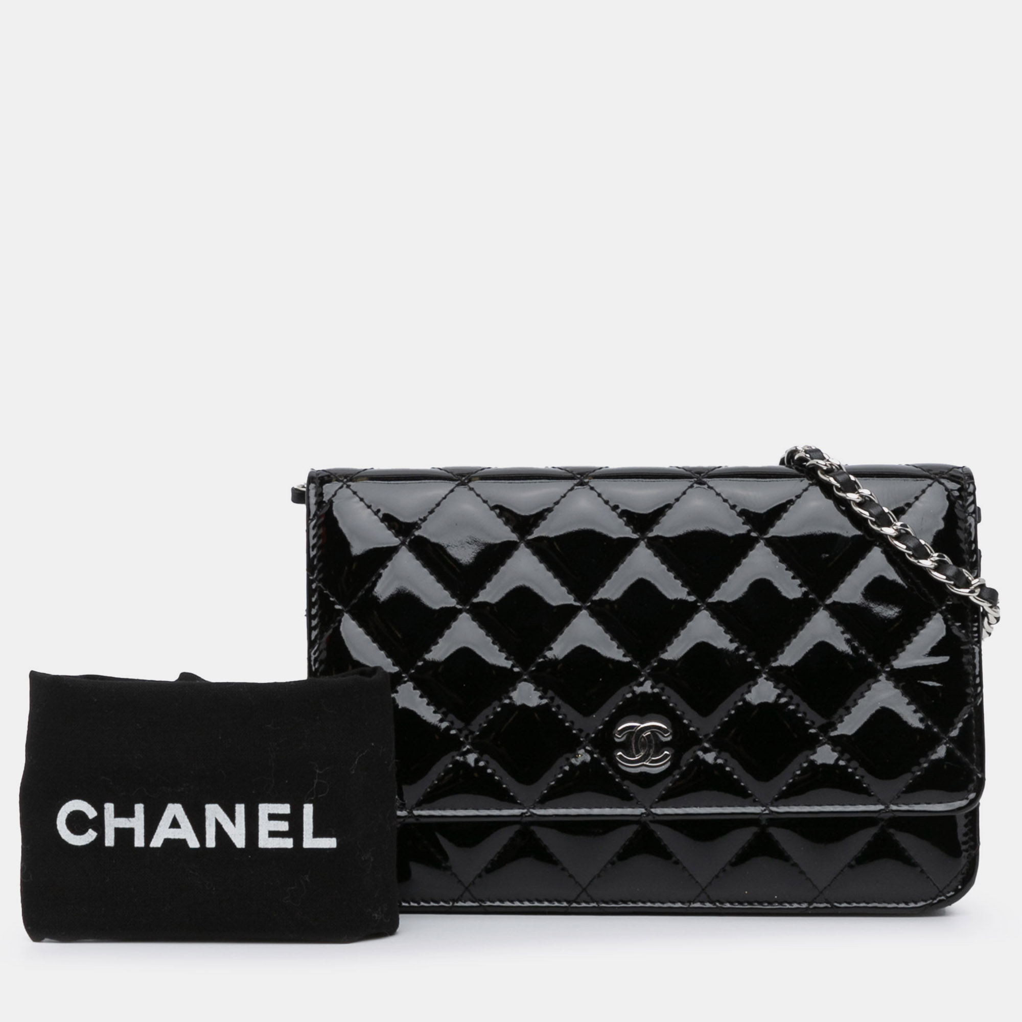 Chanel Black CC Quilted Patent Wallet On Chain 