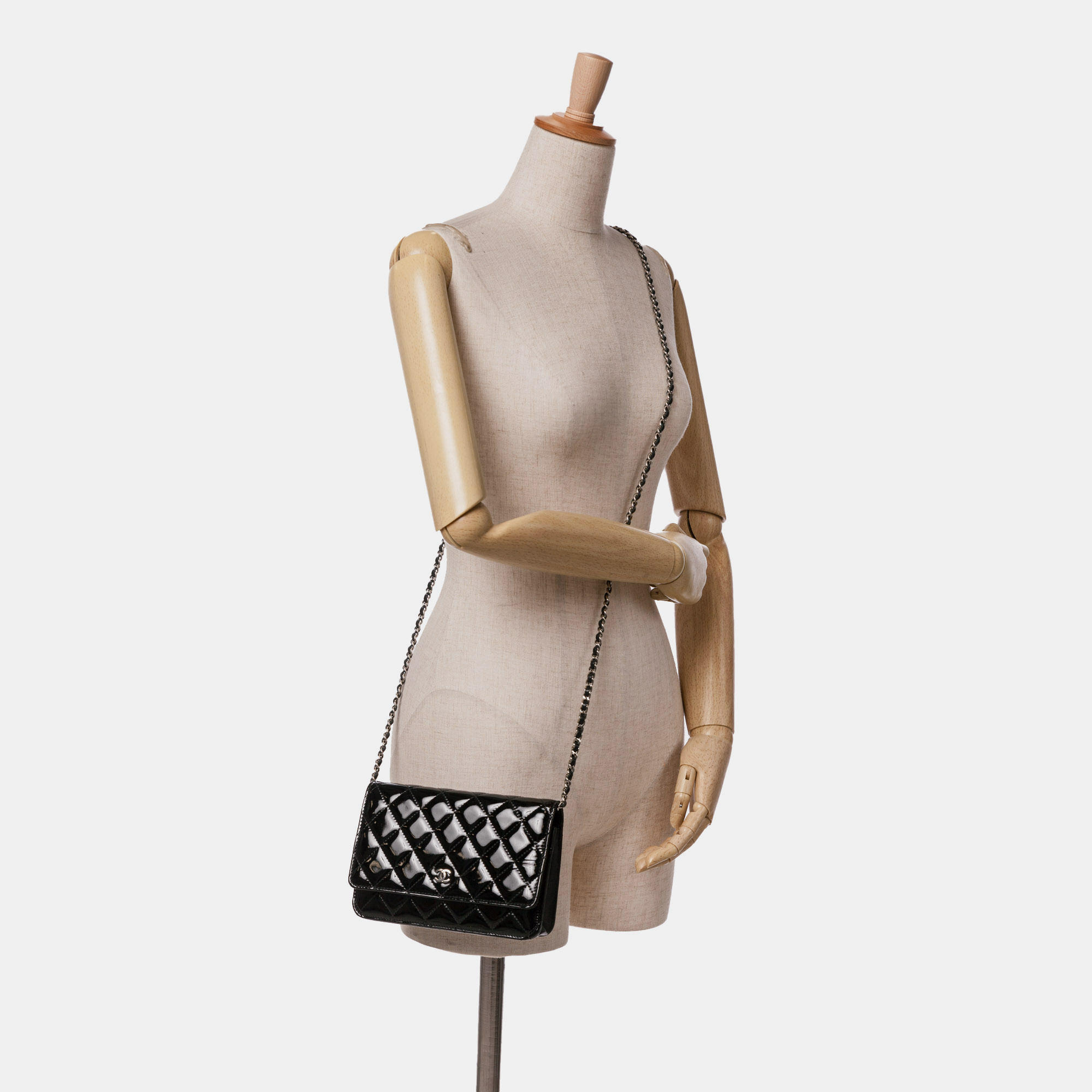 Chanel Black CC Quilted Patent Wallet On Chain 