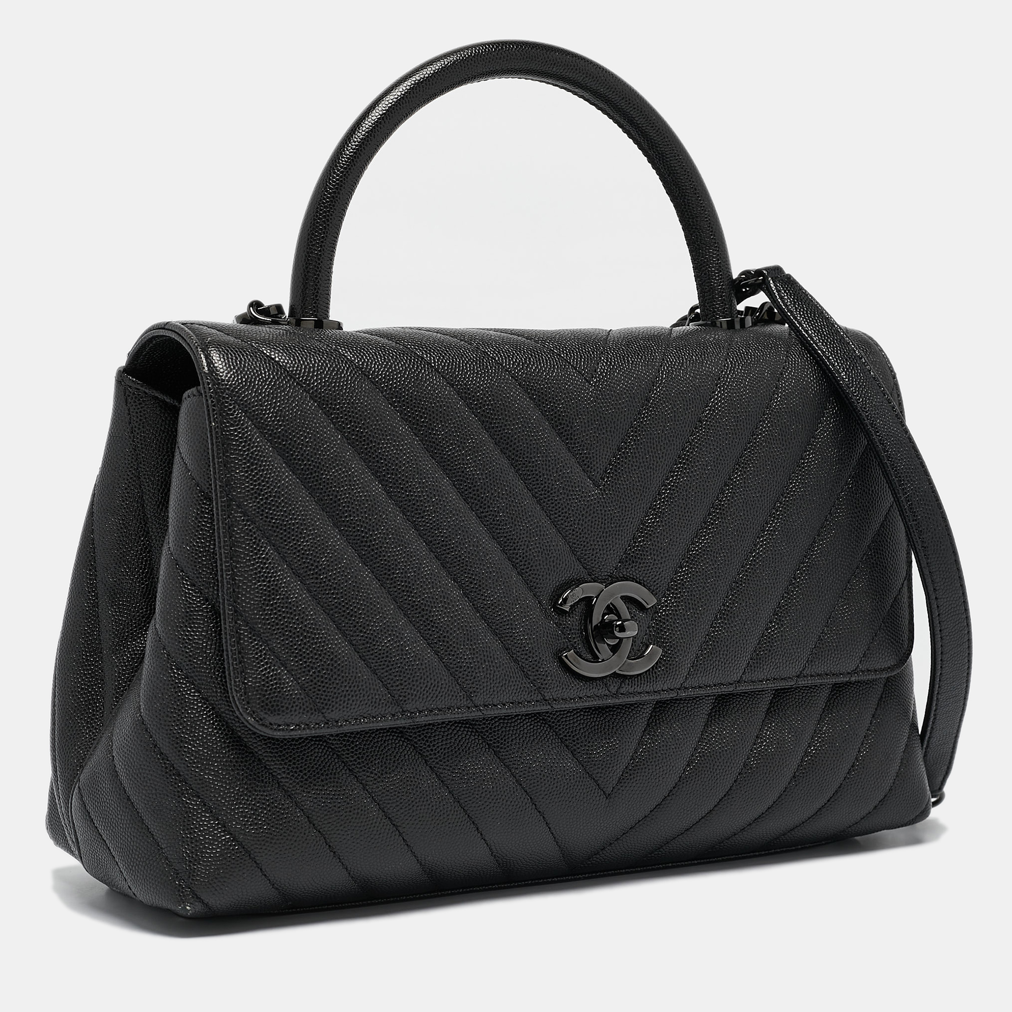 Chanel Black Chevron Caviar Leather Small Coco Top Handle Bag 