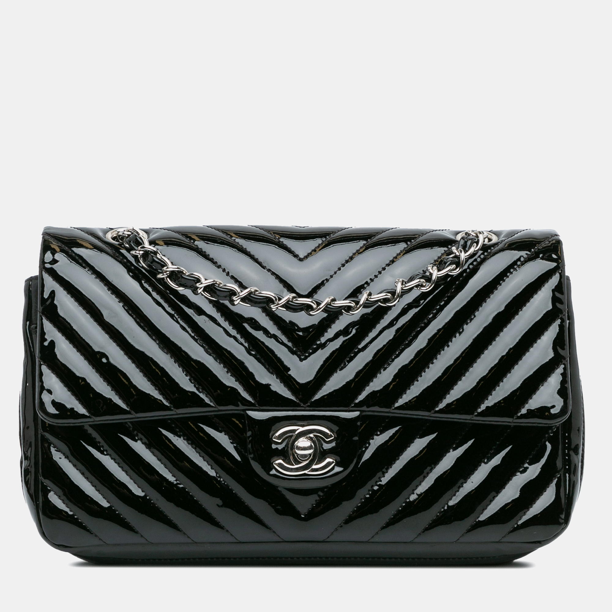 

Chanel Black Medium Classic Chevron Patent Double Flap