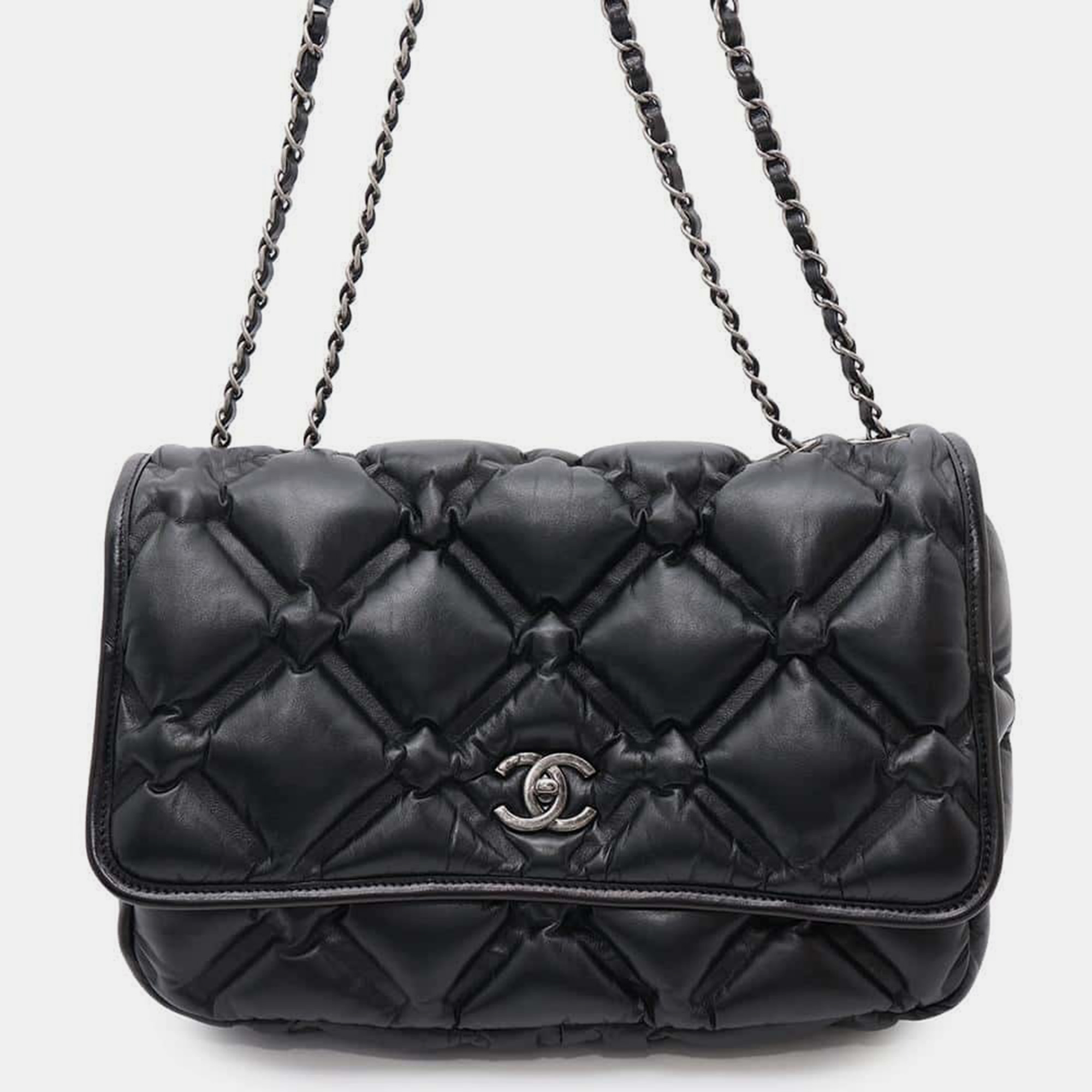 

Chanel Black Lambskin Bubble Leather Chain Shoulder Bag