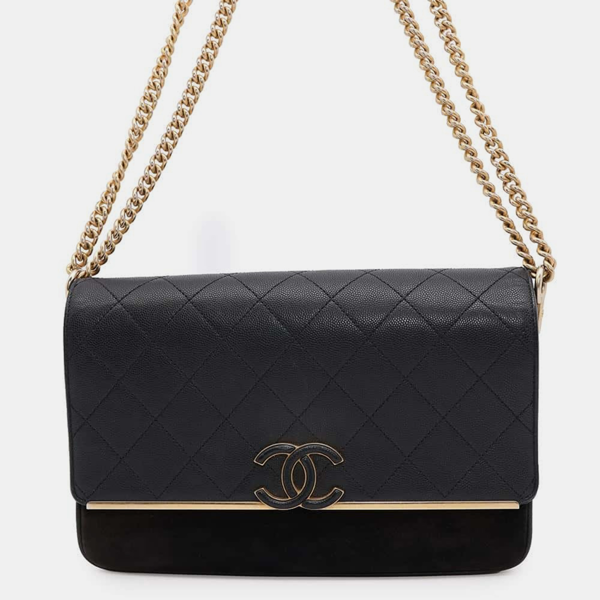 

Chanel Matelasse Cc Logo Chain Black Caviar Leather Suede Shoulder Bag