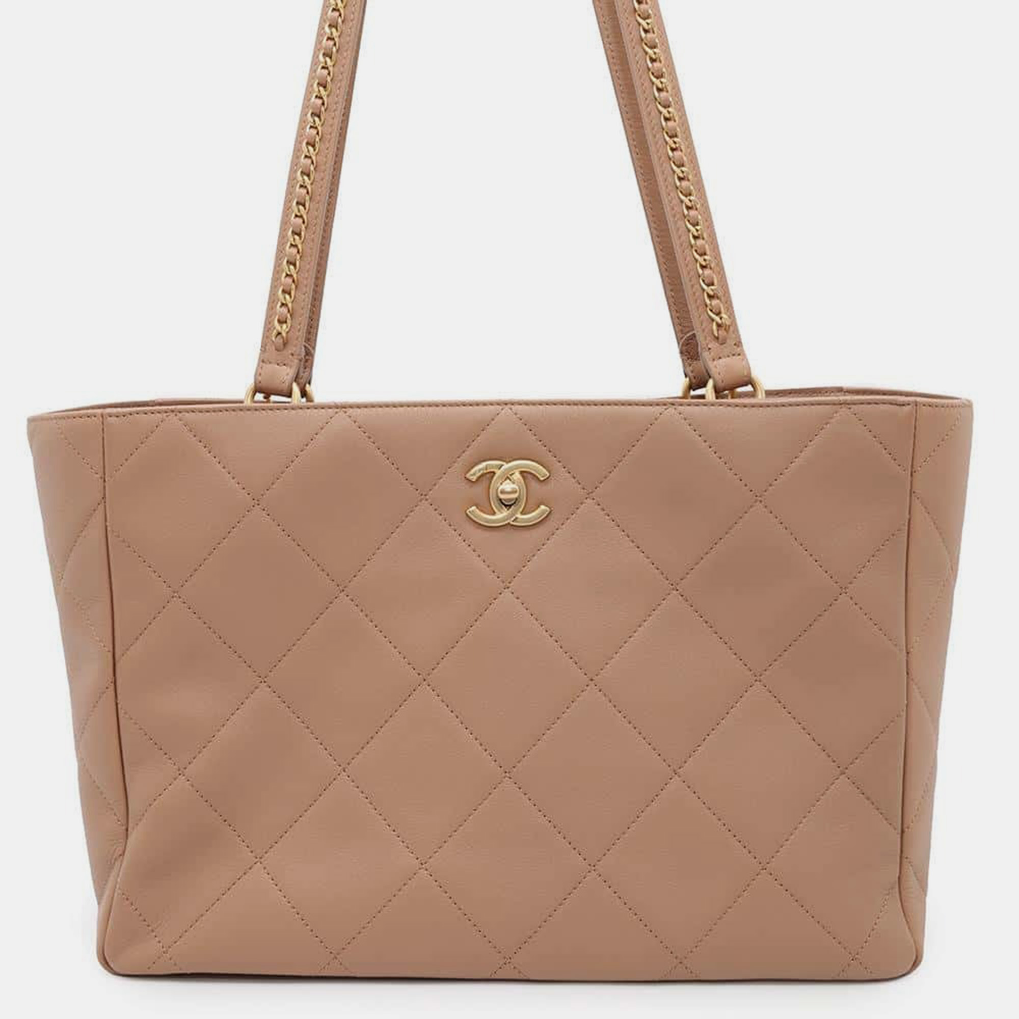 

Chanel Beige Lambskin Leather Chain Shoulder Tote Bag