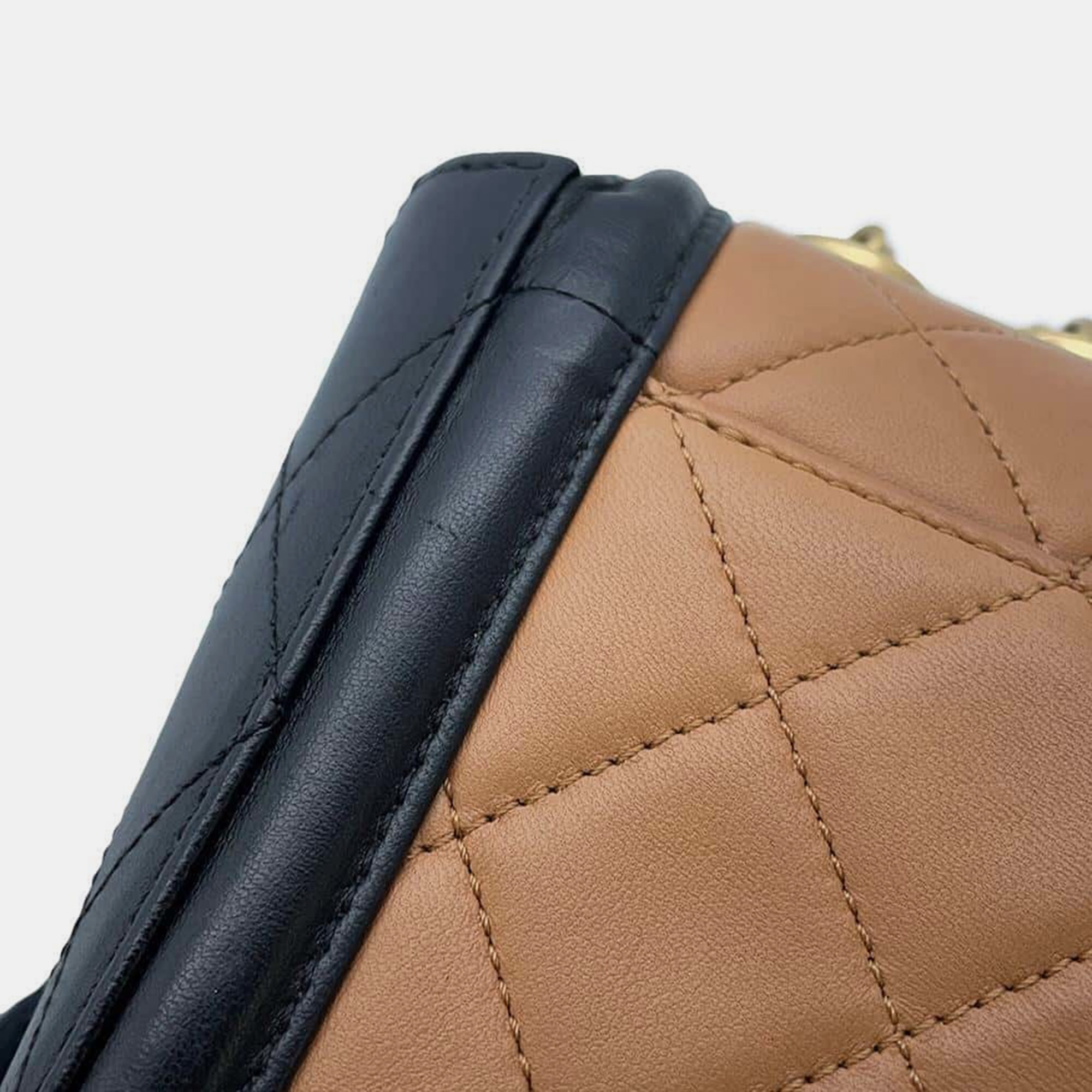 Chanel Matelasse Single Flap Chain Beige/Black Lambskin Shoulder Bag 