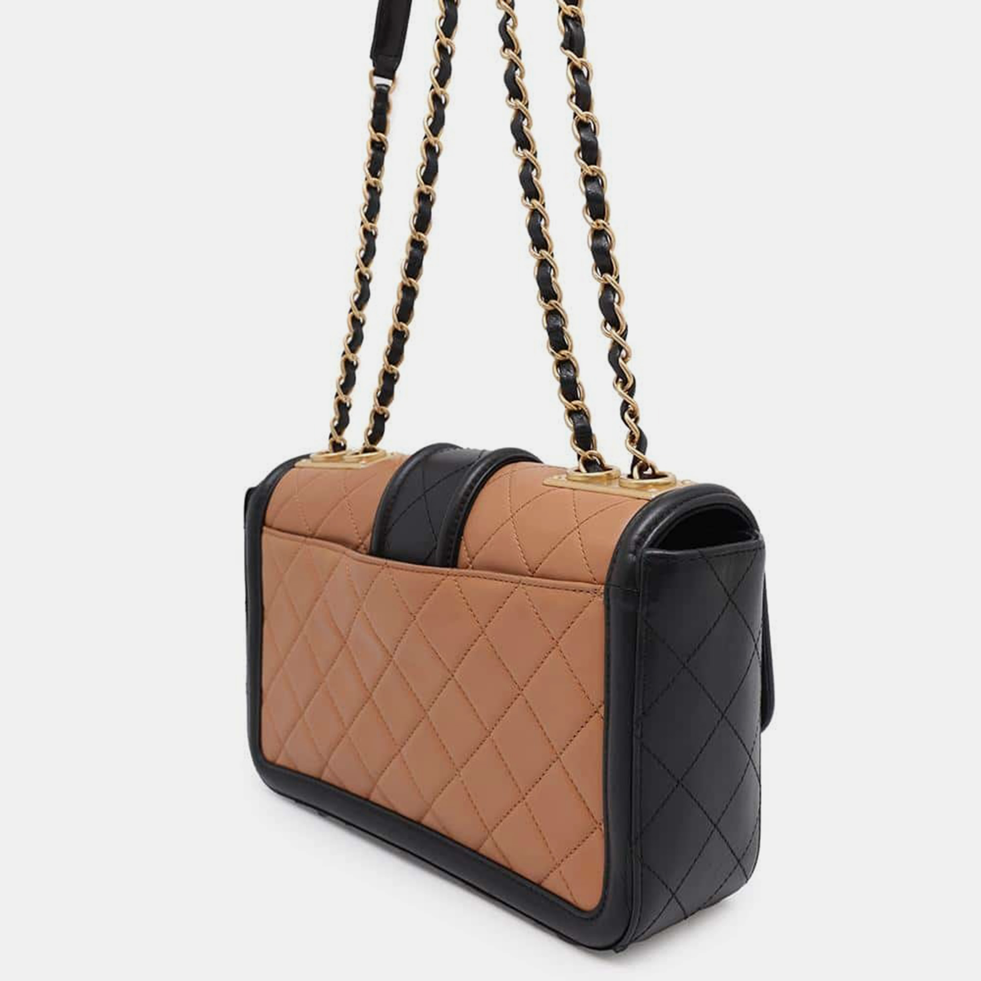 Chanel Matelasse Single Flap Chain Beige/Black Lambskin Shoulder Bag 