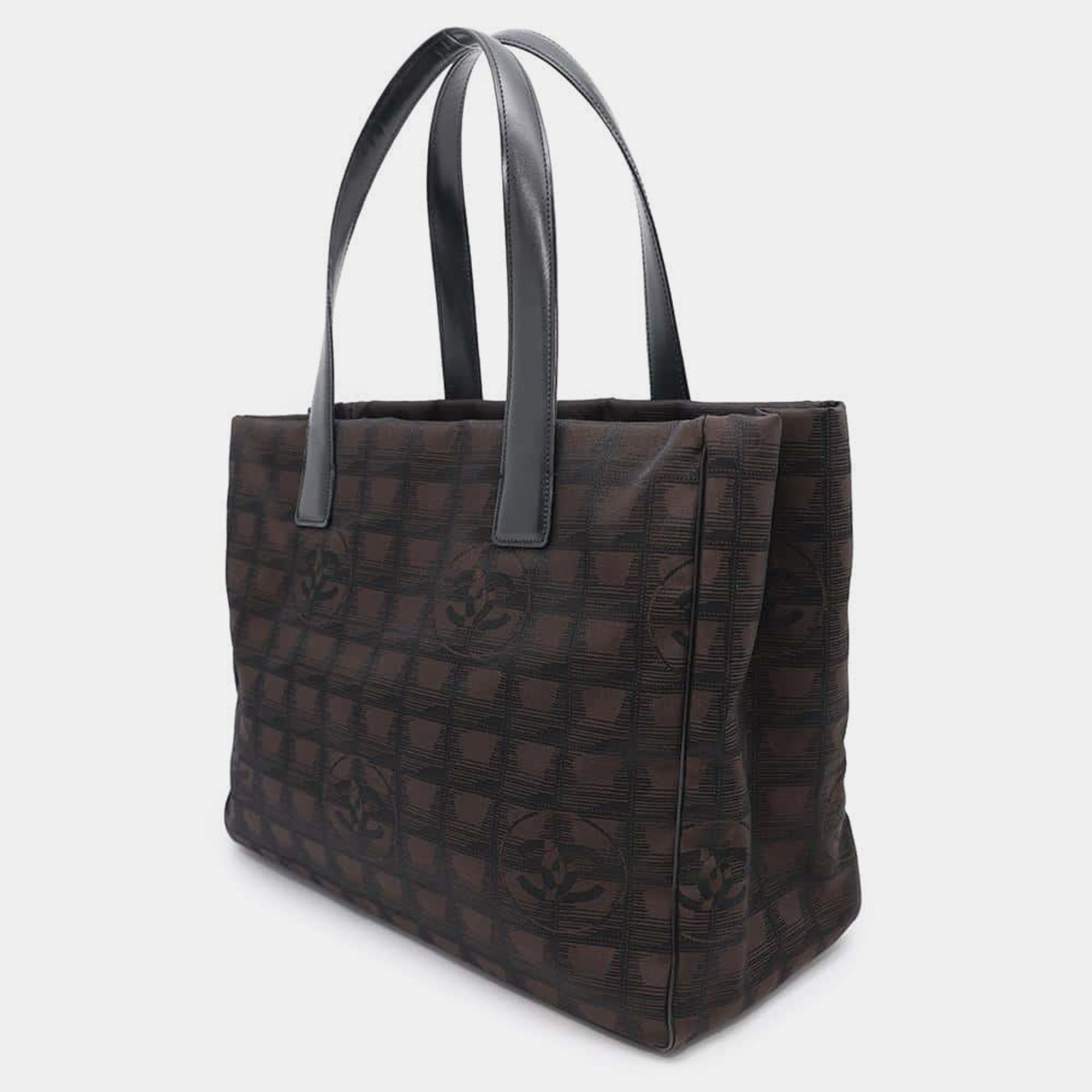 Chanel Brown/Black Nylon Leather New Travel Line Tote Bag 