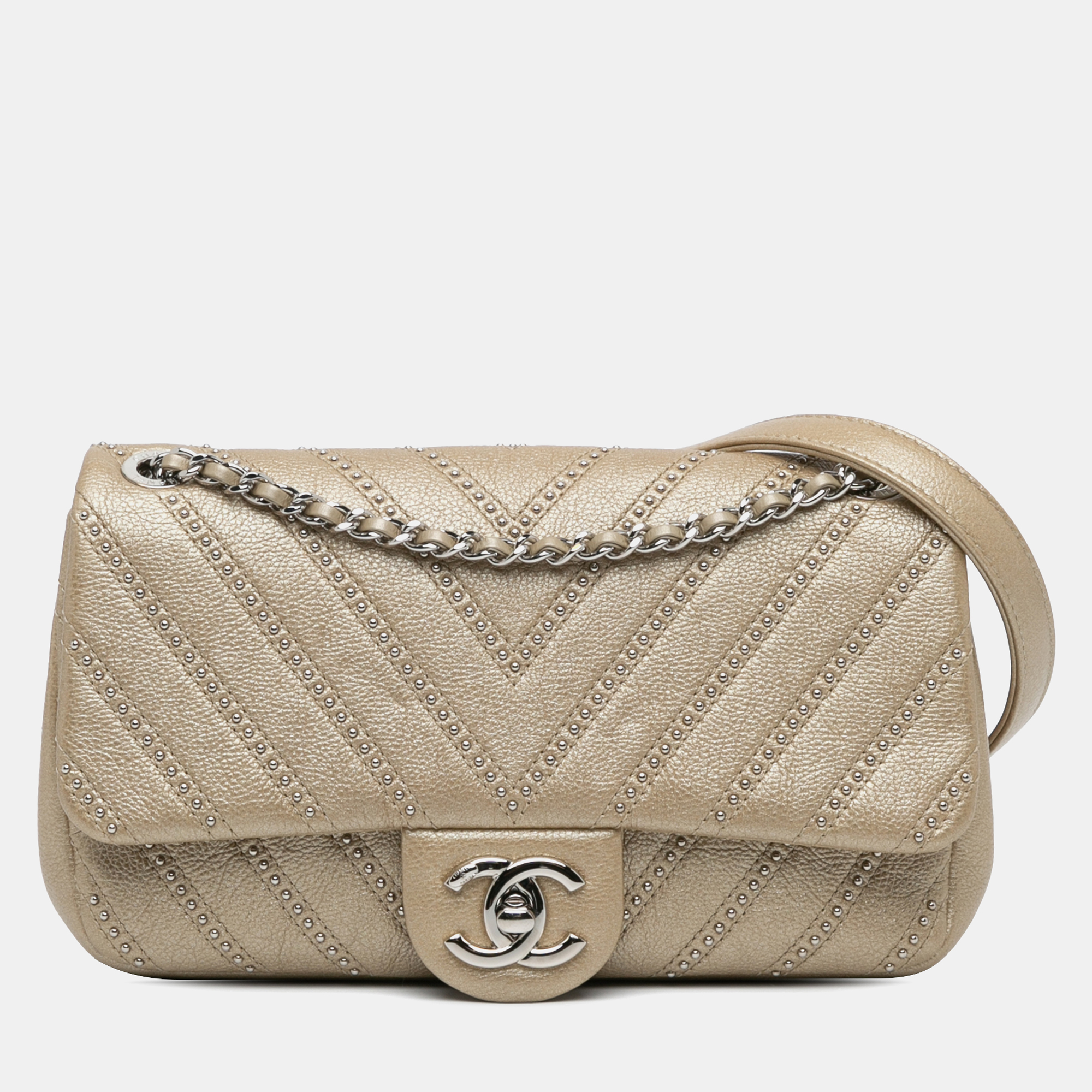 

Chanel Gold Small Chevron Studded Calfskin Flap