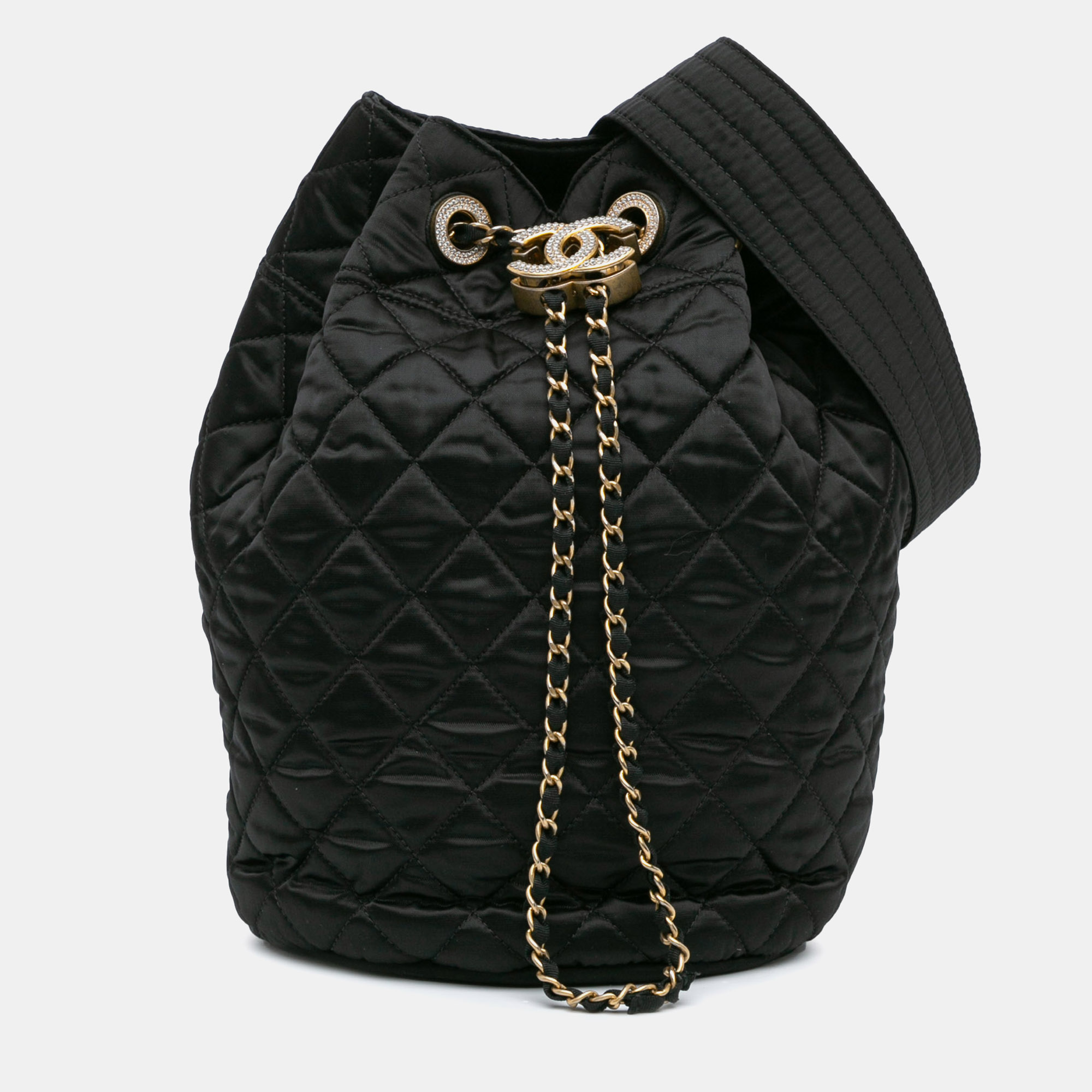 

Chanel Black Quilted Nylon Crystal CC Drawstring Sling Bag