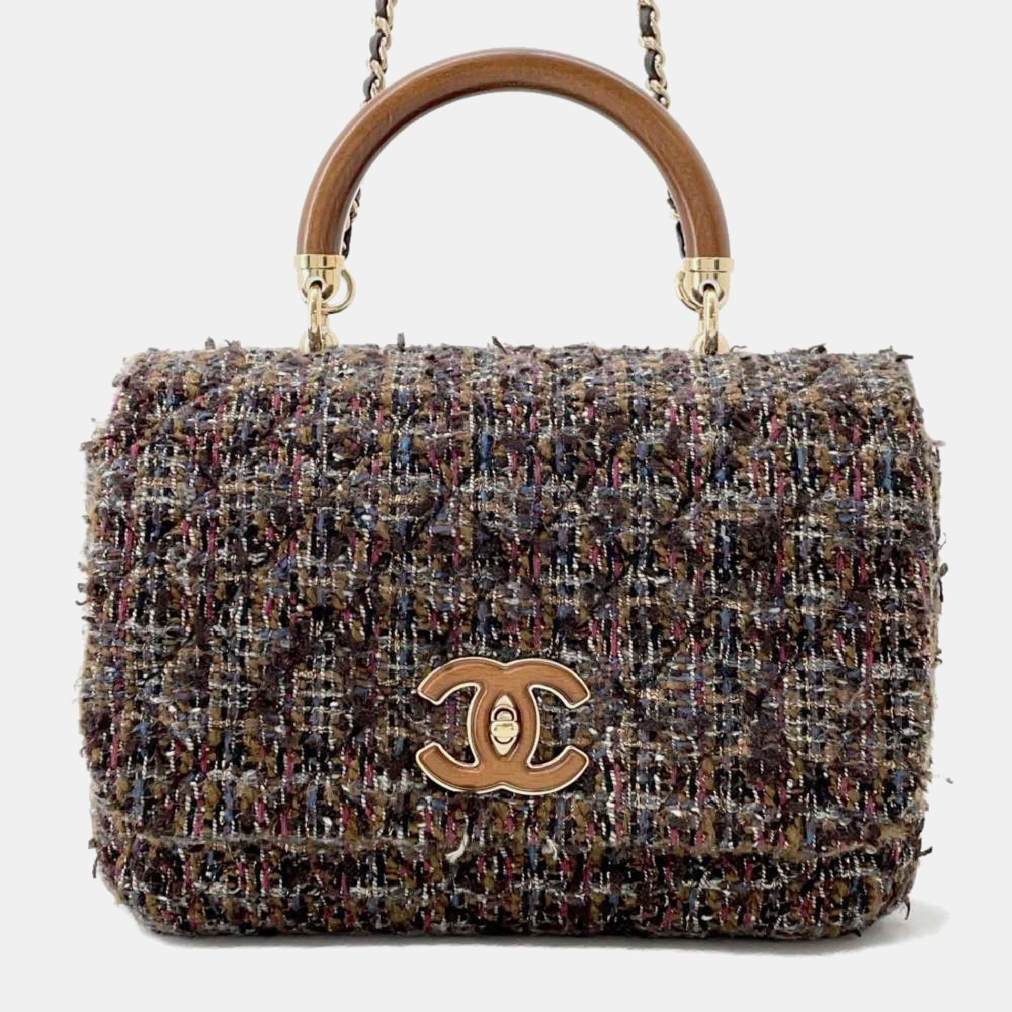 

Chanel Multicolor Tweed and Wood Chain Shoulder Bag, Brown