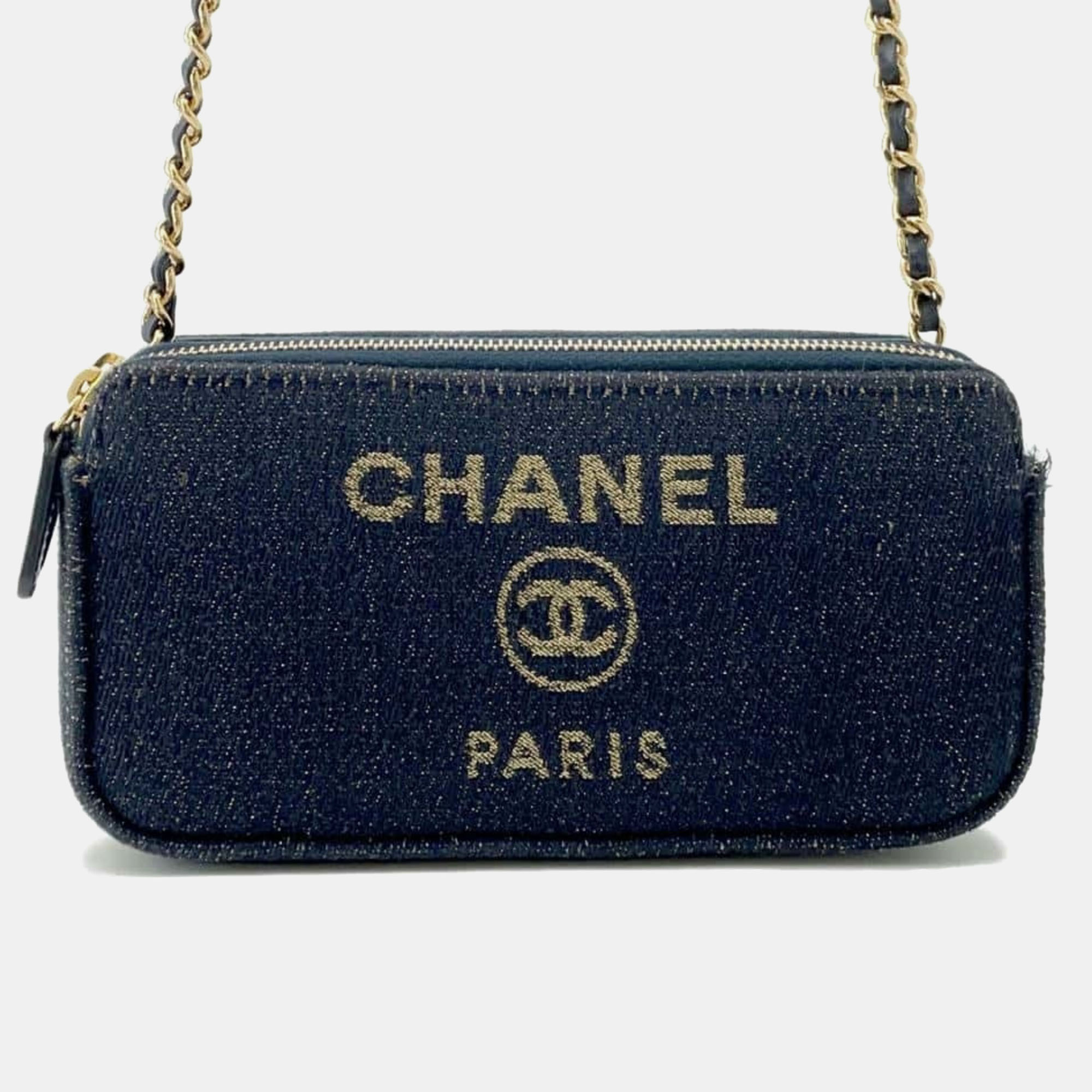 

Chanel Navy Canvas Deauville Small Chain Wallet, Navy blue