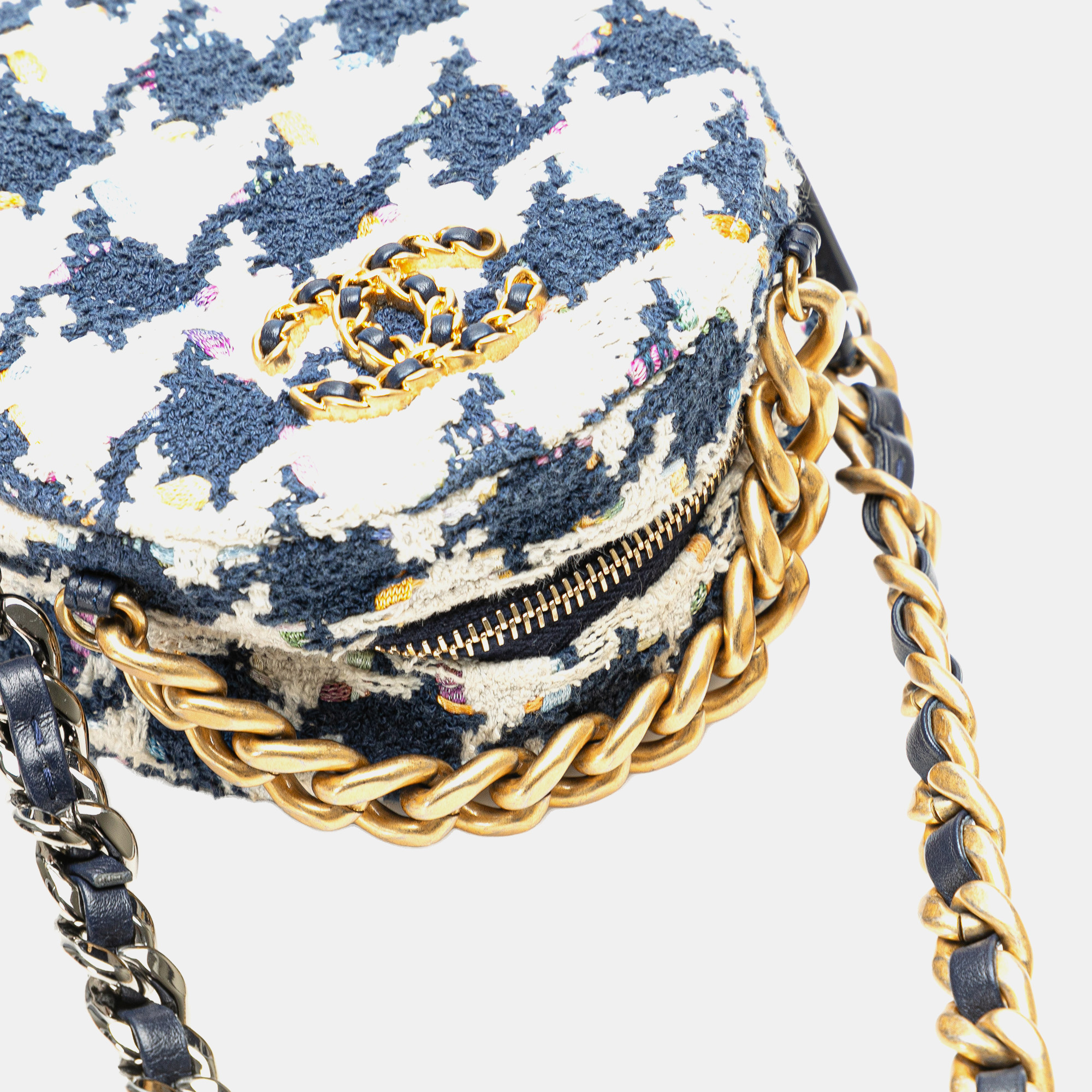 Chanel Blue White Tweed 19 Round Clutch with Chain 