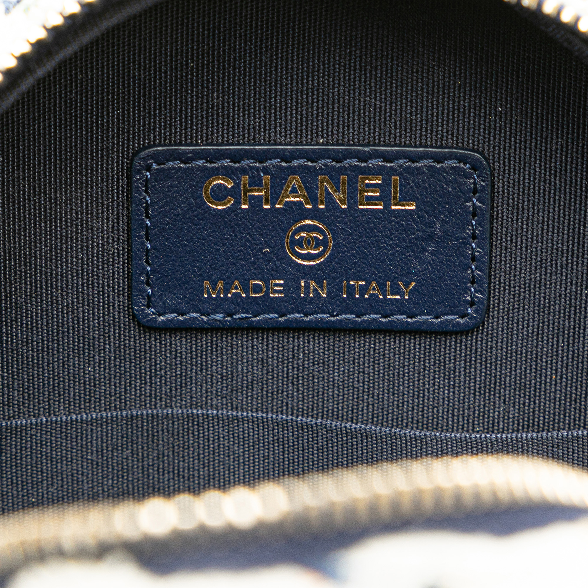 Chanel Blue White Tweed 19 Round Clutch with Chain 