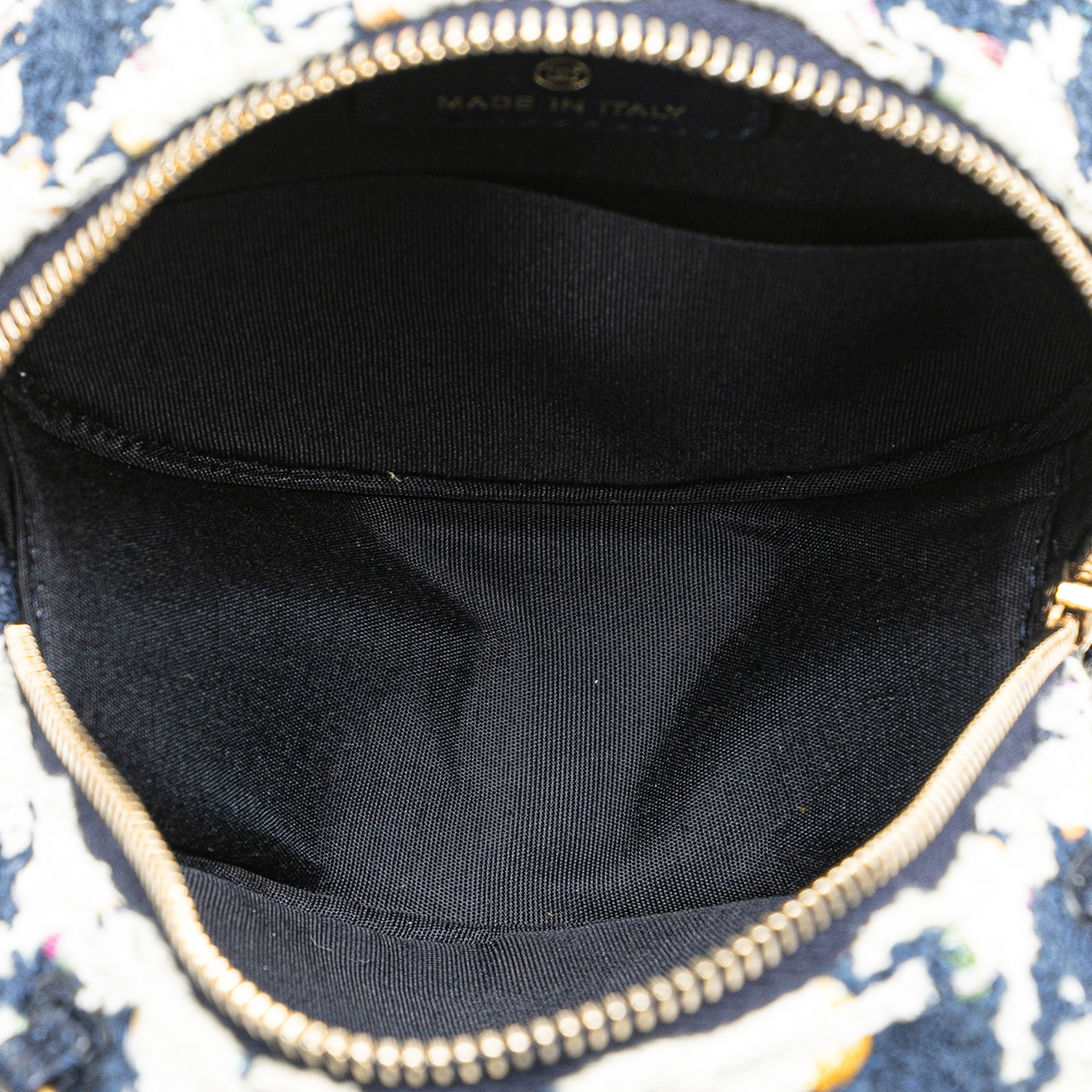Chanel Blue White Tweed 19 Round Clutch with Chain 