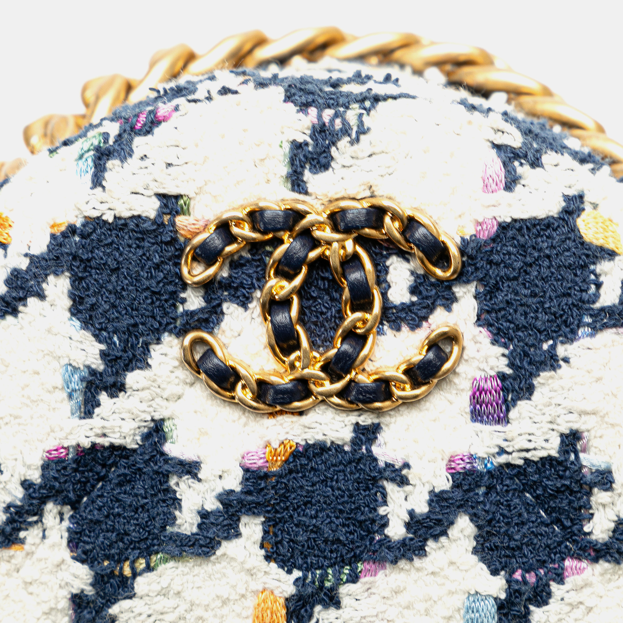 Chanel Blue White Tweed 19 Round Clutch with Chain 