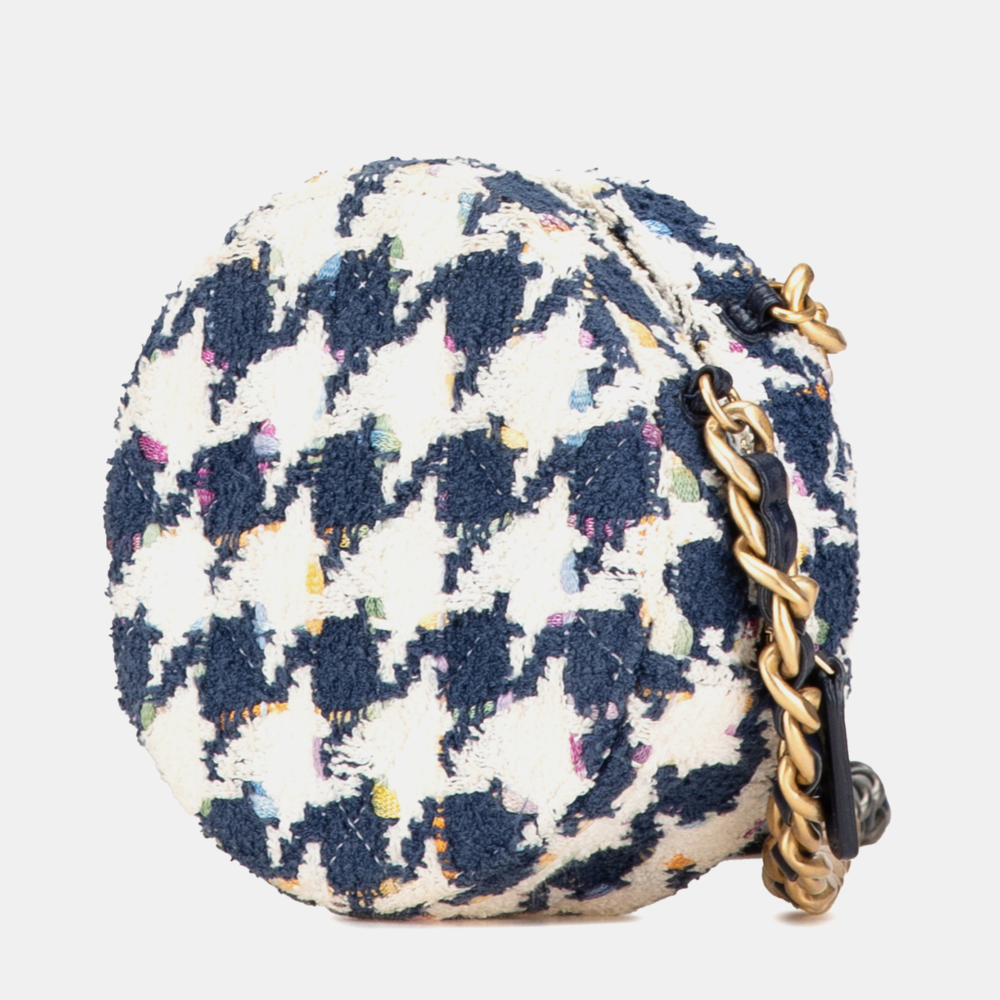 Chanel Blue White Tweed 19 Round Clutch with Chain 