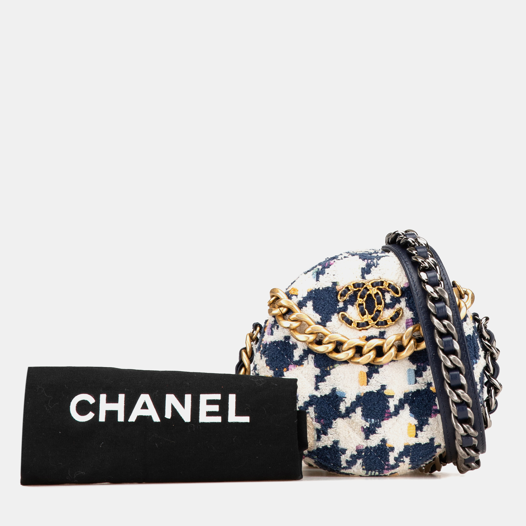 Chanel Blue White Tweed 19 Round Clutch with Chain 