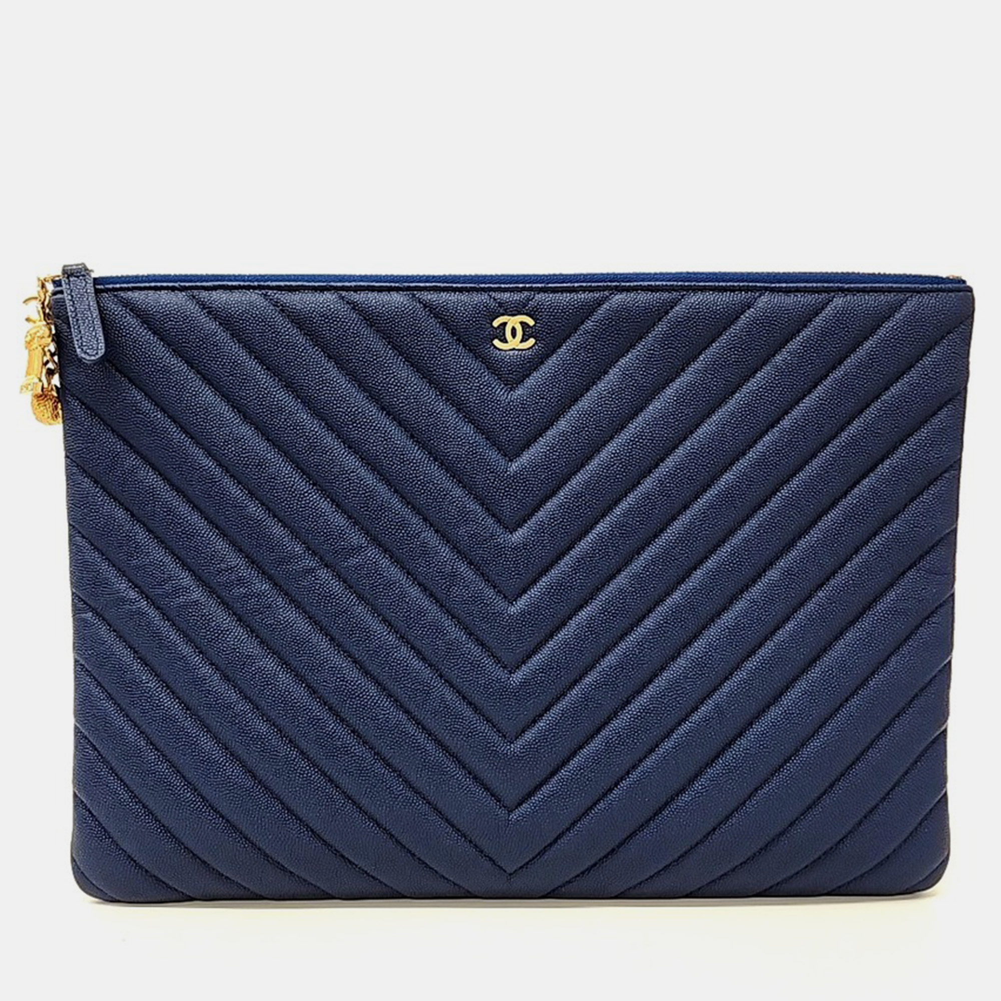 

Chanel Blue Leather Chevron Charm Decorated Large Clutch