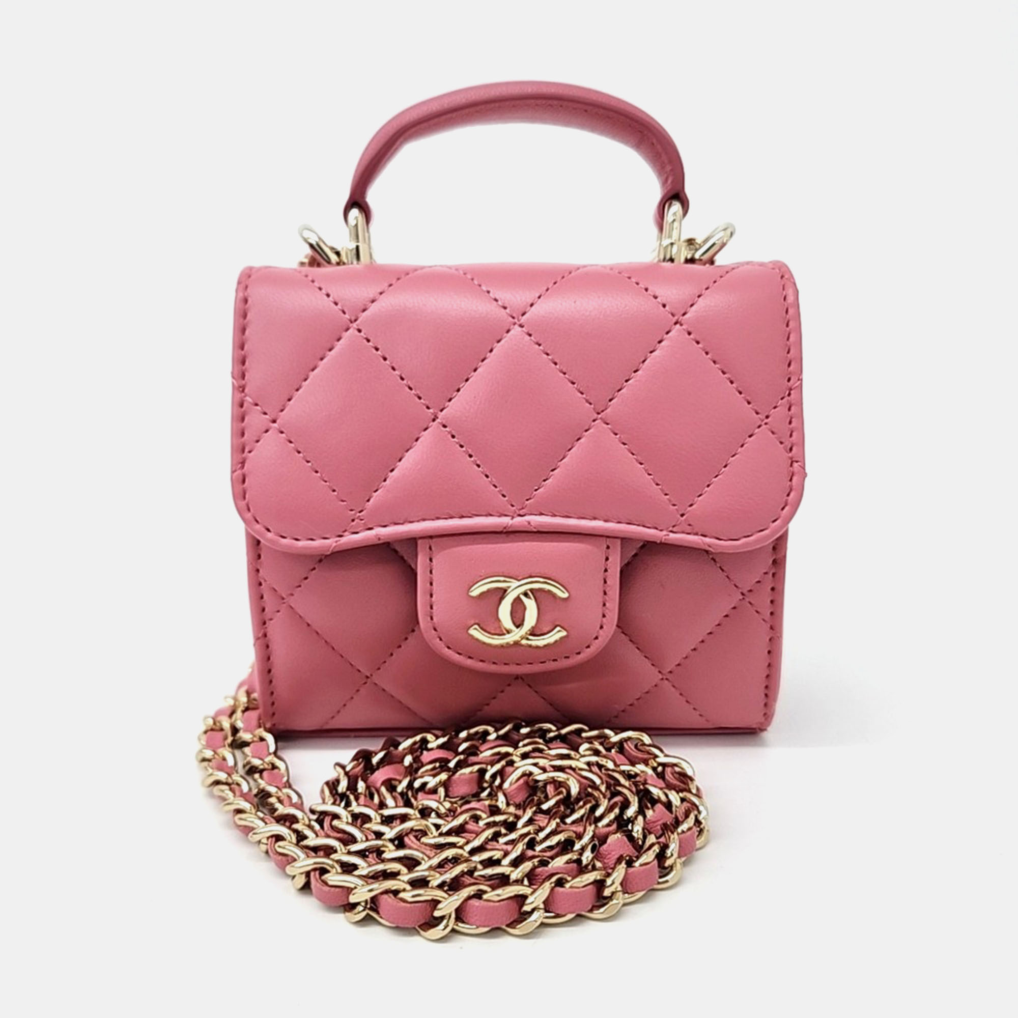 

Chanel Pink Leather top handle mini chain Crossbody bag