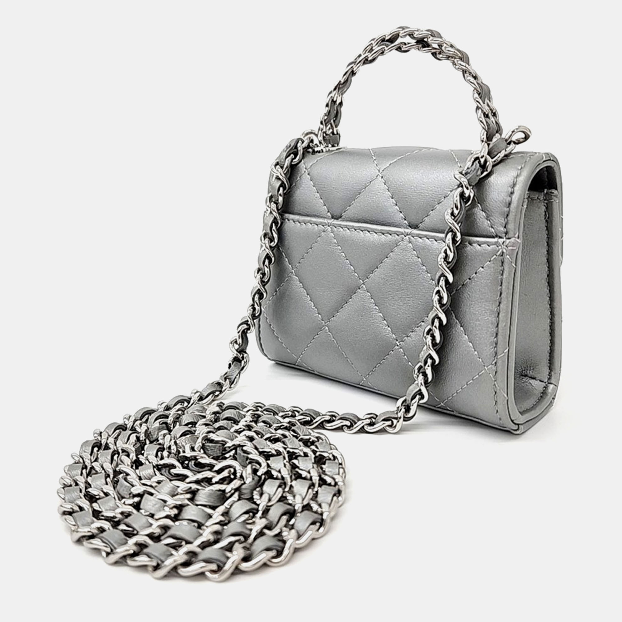 Chanel Silver Leather 19 Mini Top Handle Chain Crossbody Bag 