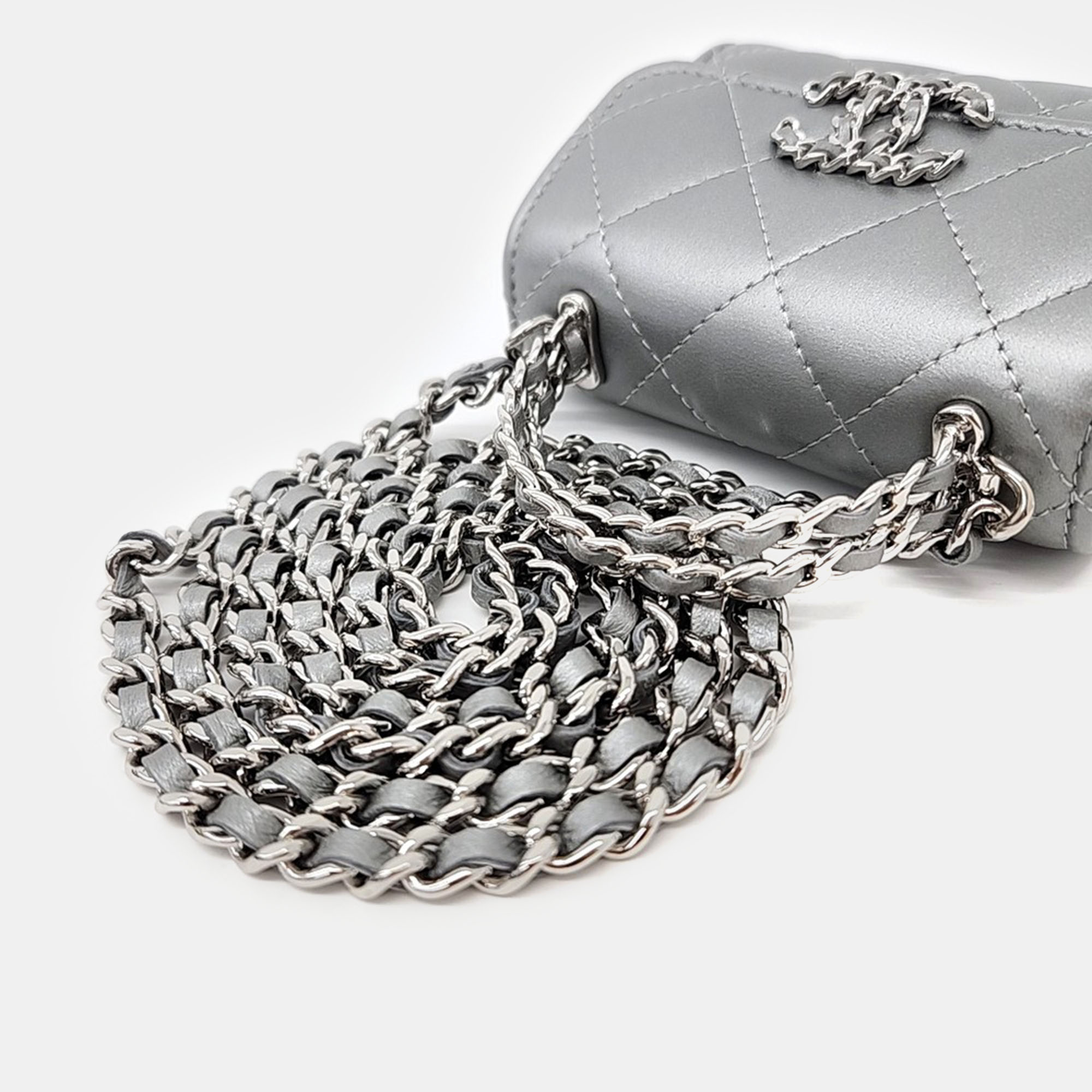 Chanel Silver Leather 19 Mini Top Handle Chain Crossbody Bag 