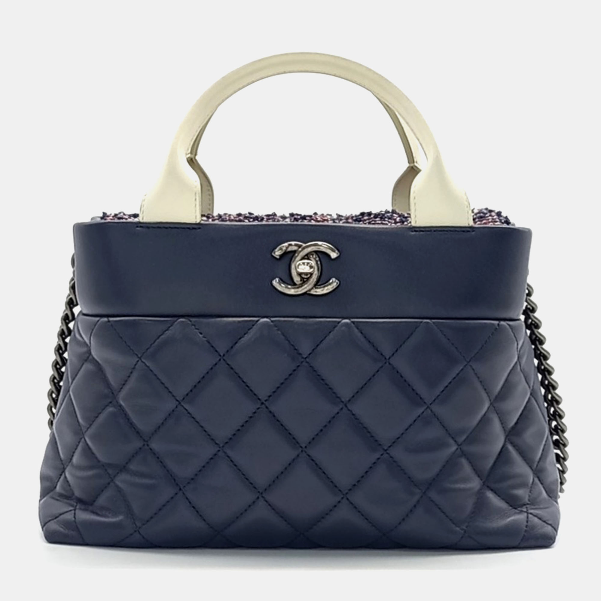 

Chanel Navy Blue Leather Tweed Tote Bag