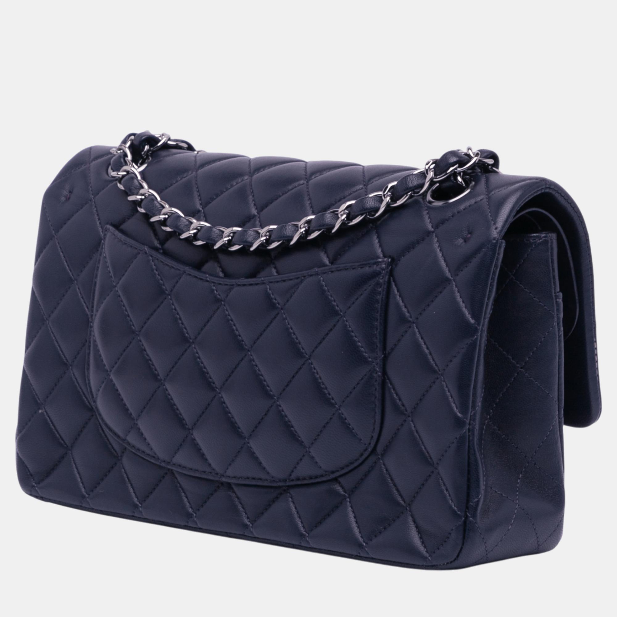 Chanel Navy Blue Medium Classic Lambskin Double Flap 