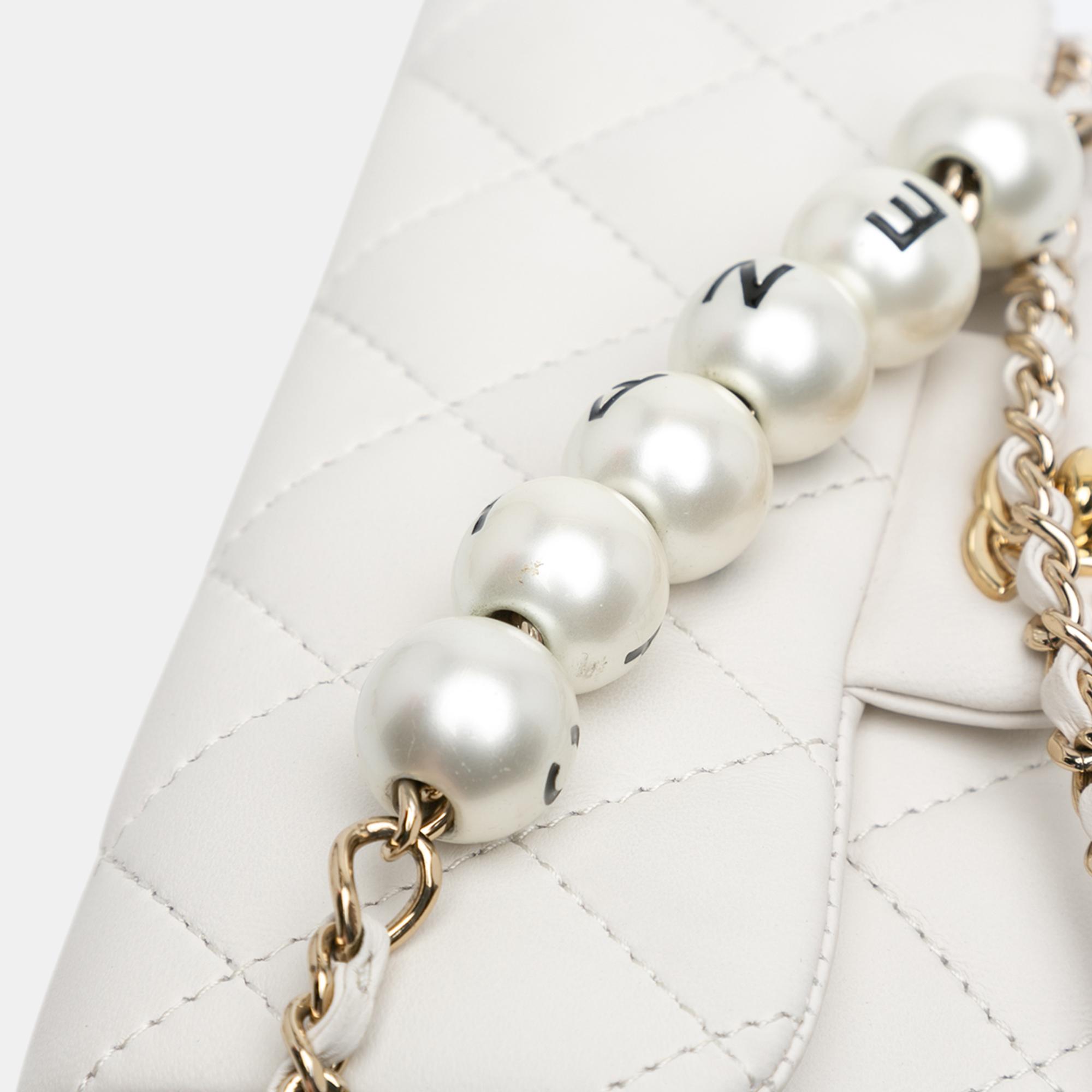 Chanel White Quilted Lambskin My Precious Pearls Chain Flap 