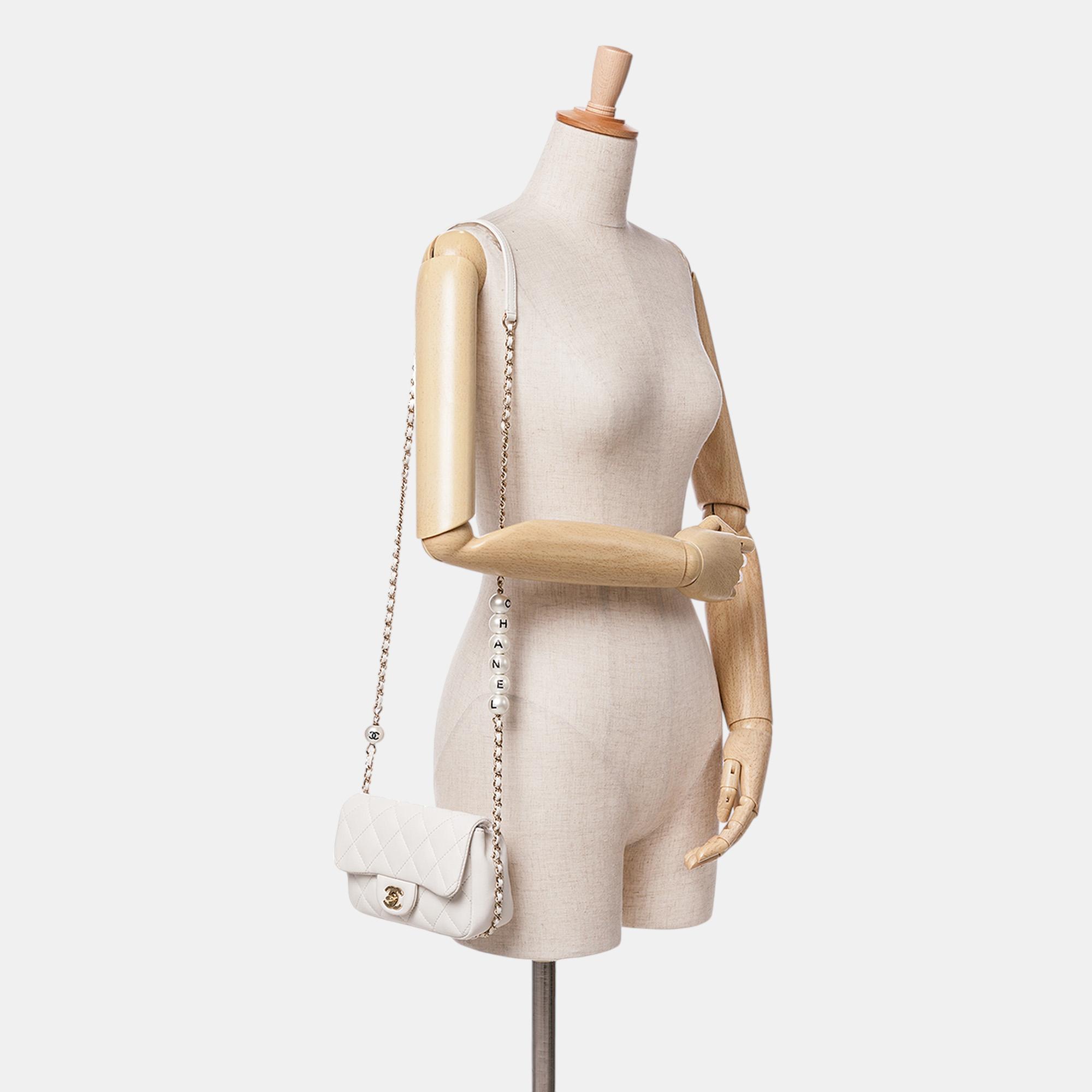 Chanel White Quilted Lambskin My Precious Pearls Chain Flap 