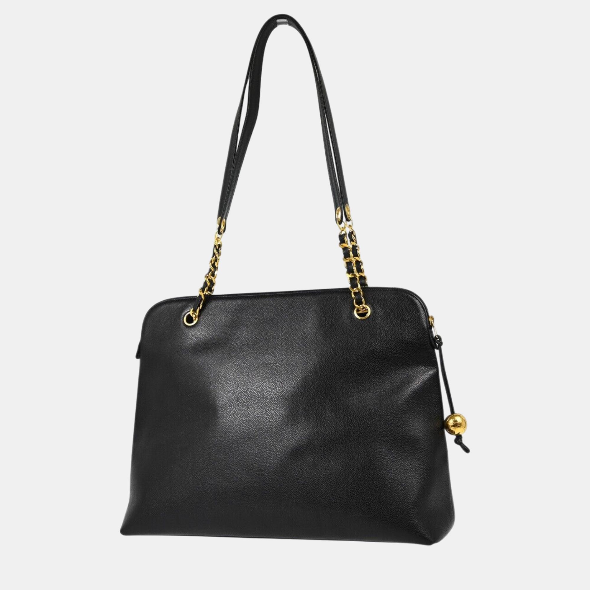 Chanel Black Leather Chain Tote Bag 