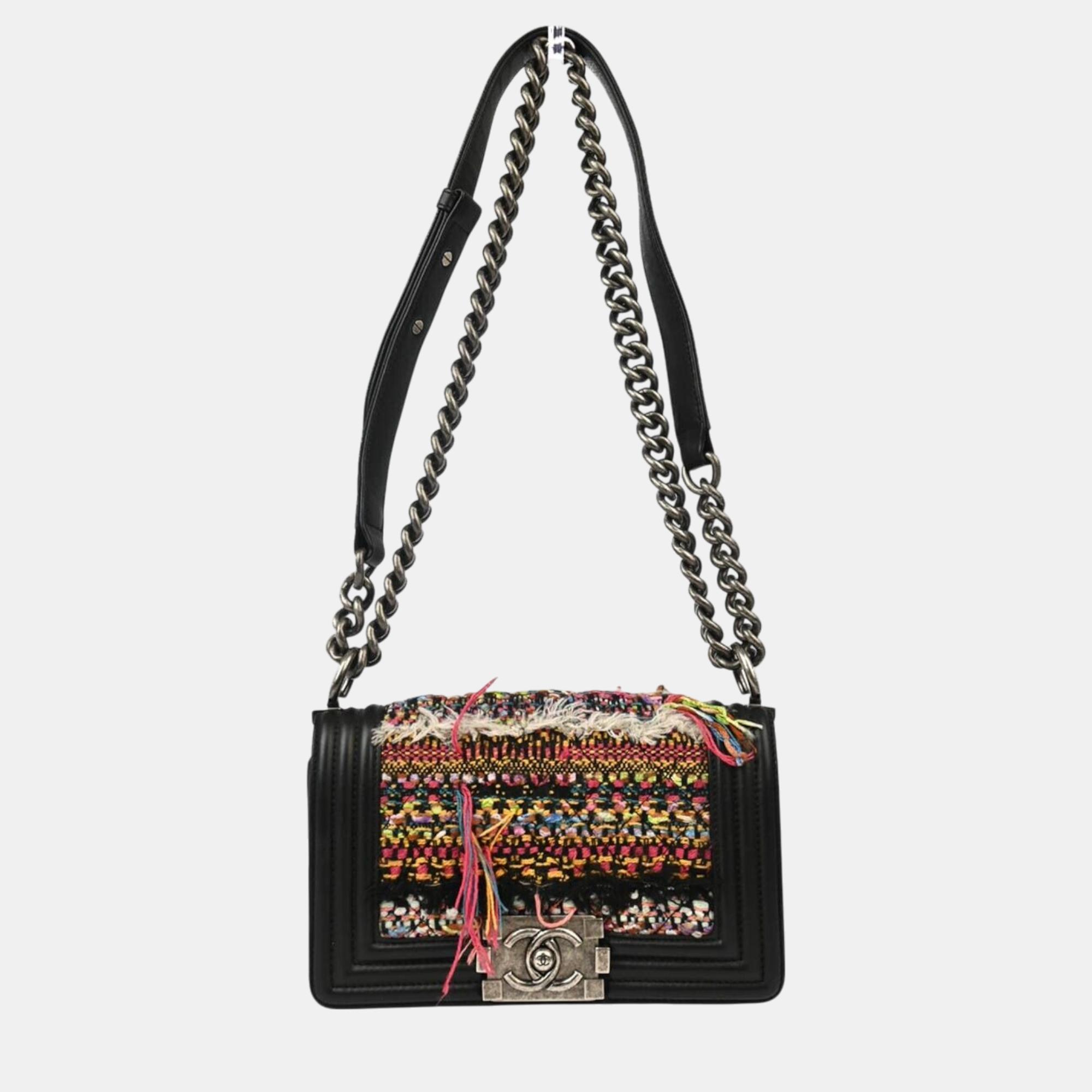 

Chanel Black Calfskin Fabric Boy Chain Shoulder Bag