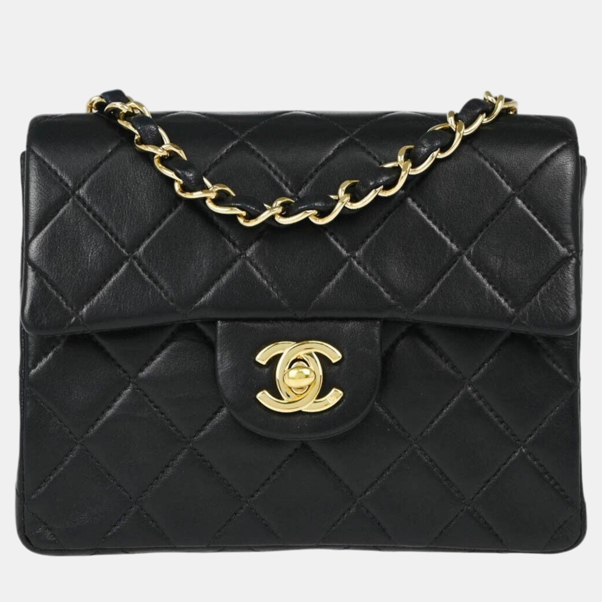 

Chanel Black Lambskin Leather Classic Square Flap Shoulder Bag