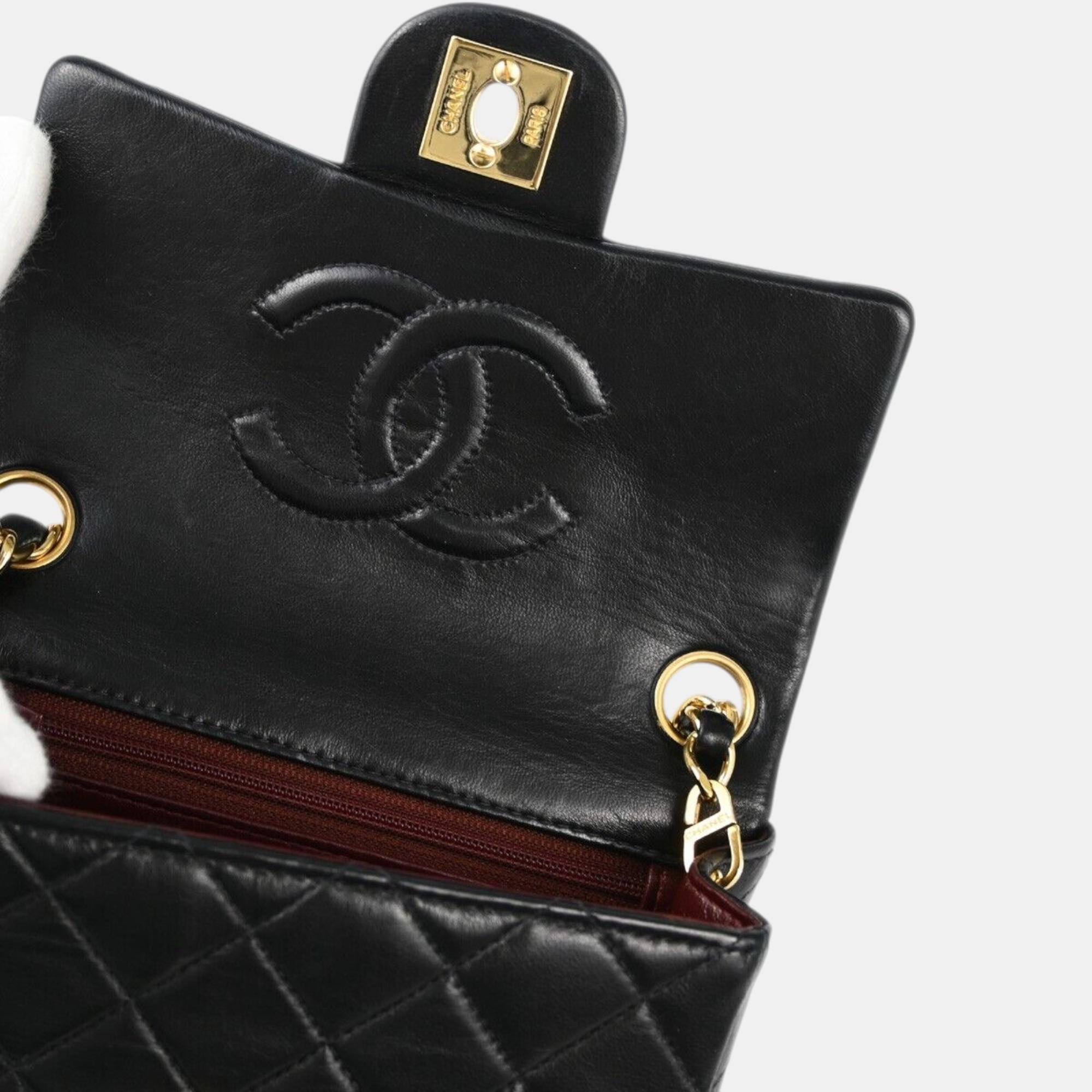 Chanel Black Lambskin Leather Classic Square Flap Shoulder Bag 