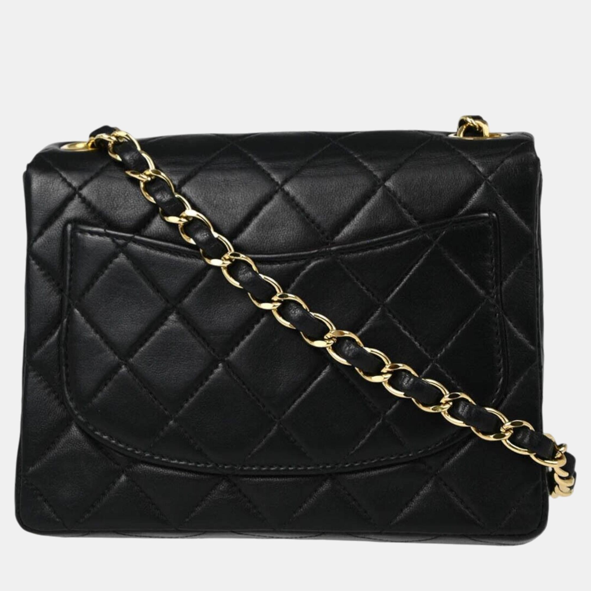 Chanel Black Lambskin Leather Classic Square Flap Shoulder Bag 