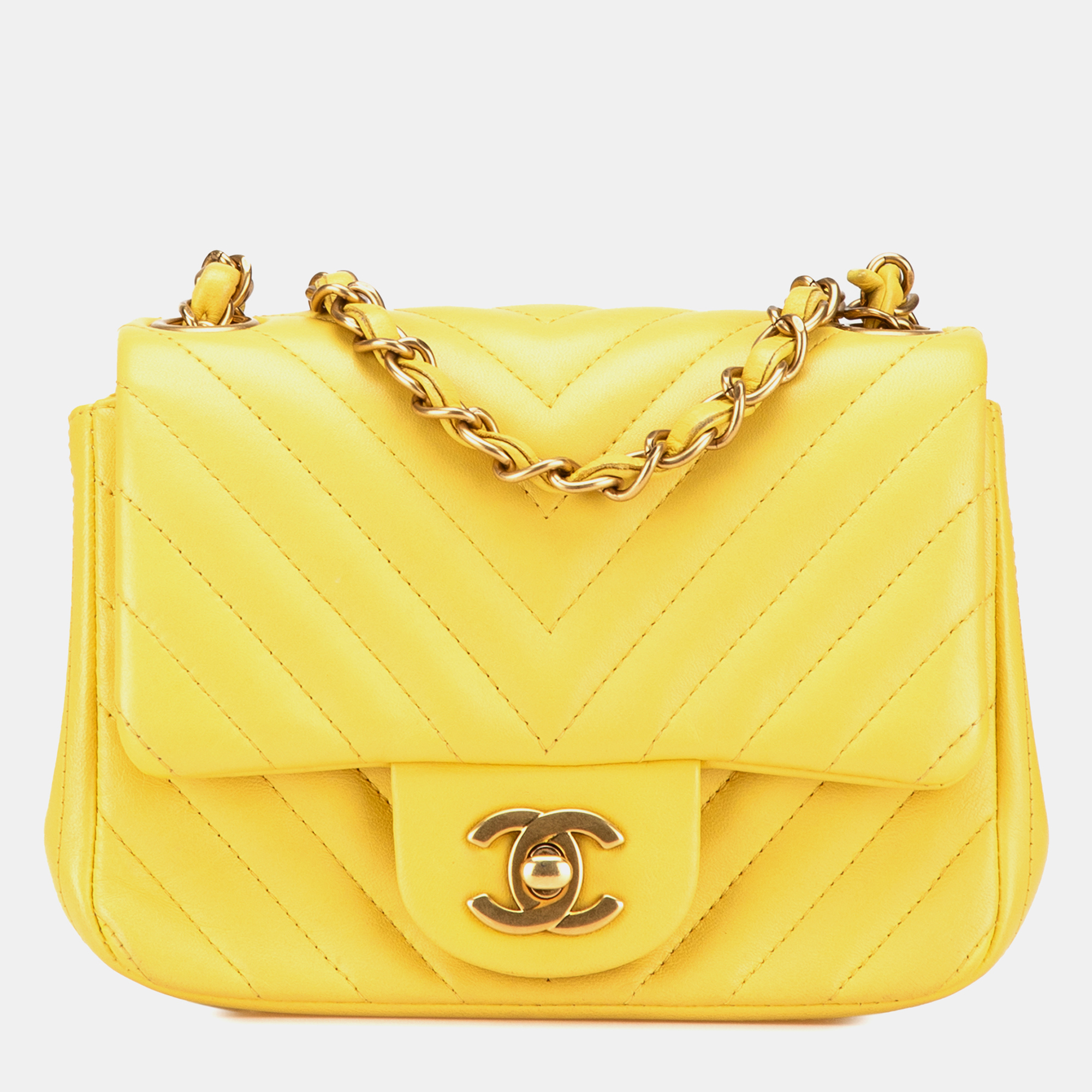 

Chanel Yellow Mini Square Classic Chevron Lambskin Single Flap Bag