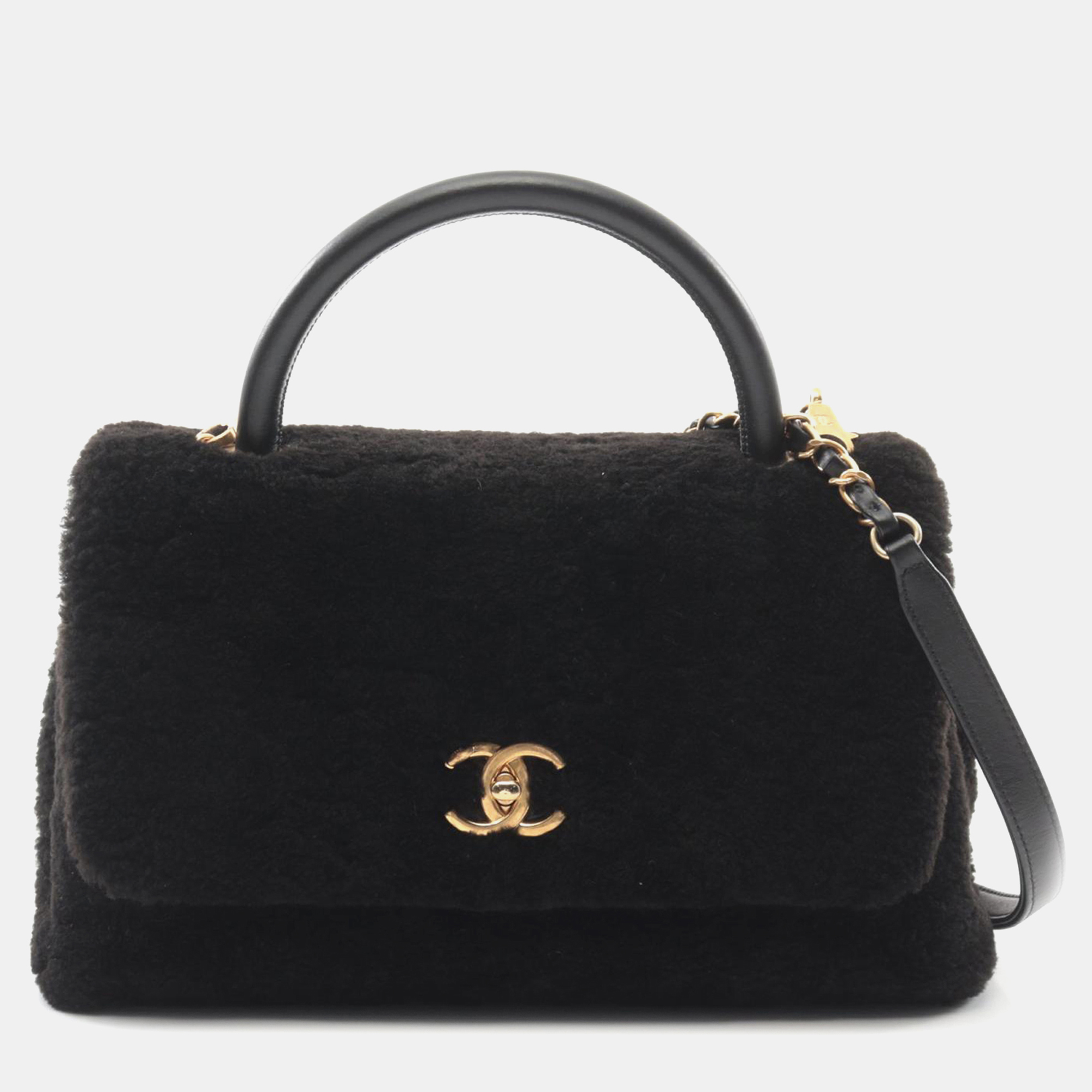 

Chanel Black Shearling Coco Top Medium Handle Bag