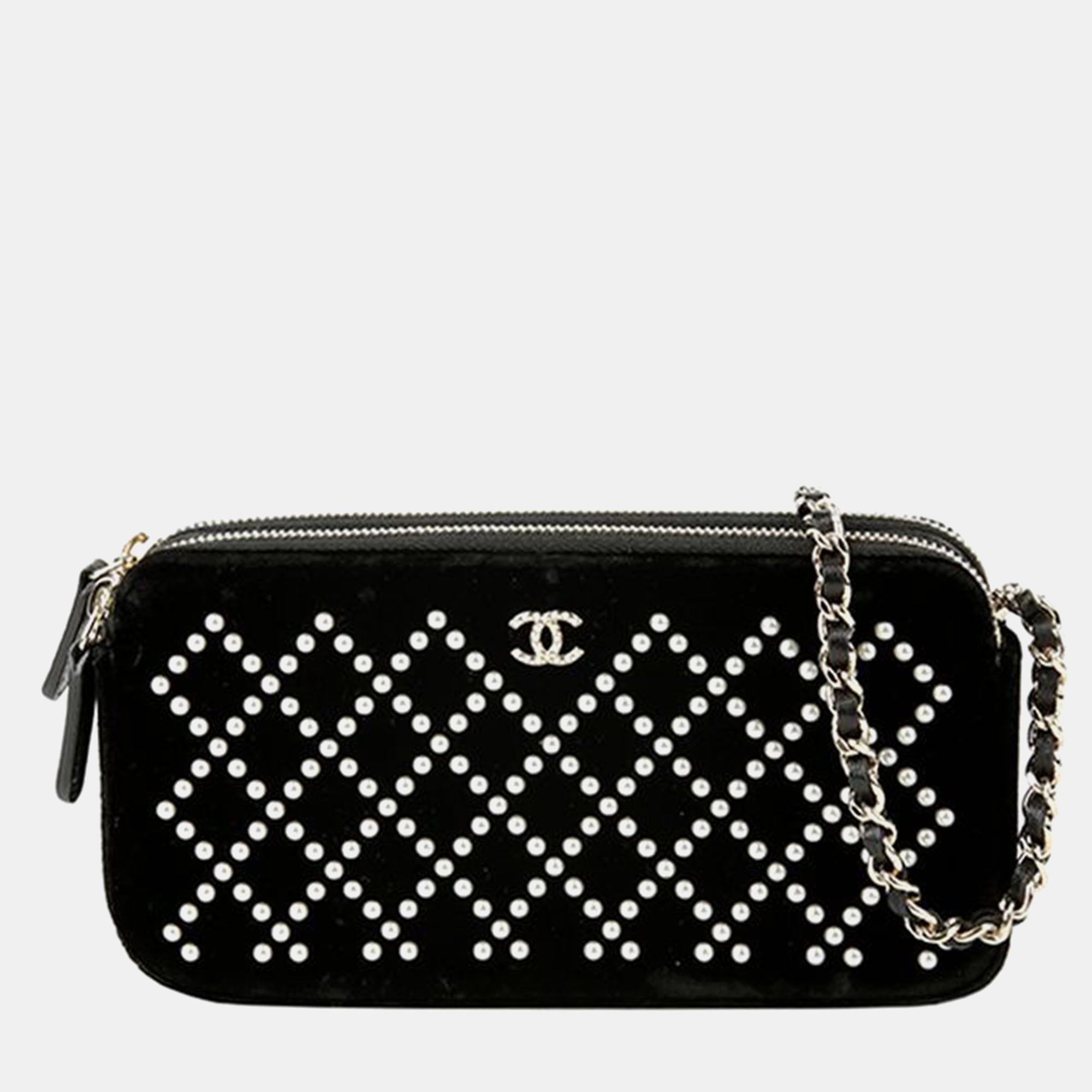 

Chanel Black Velvet Pearl Quilted Double Zipper Wallet on Chain