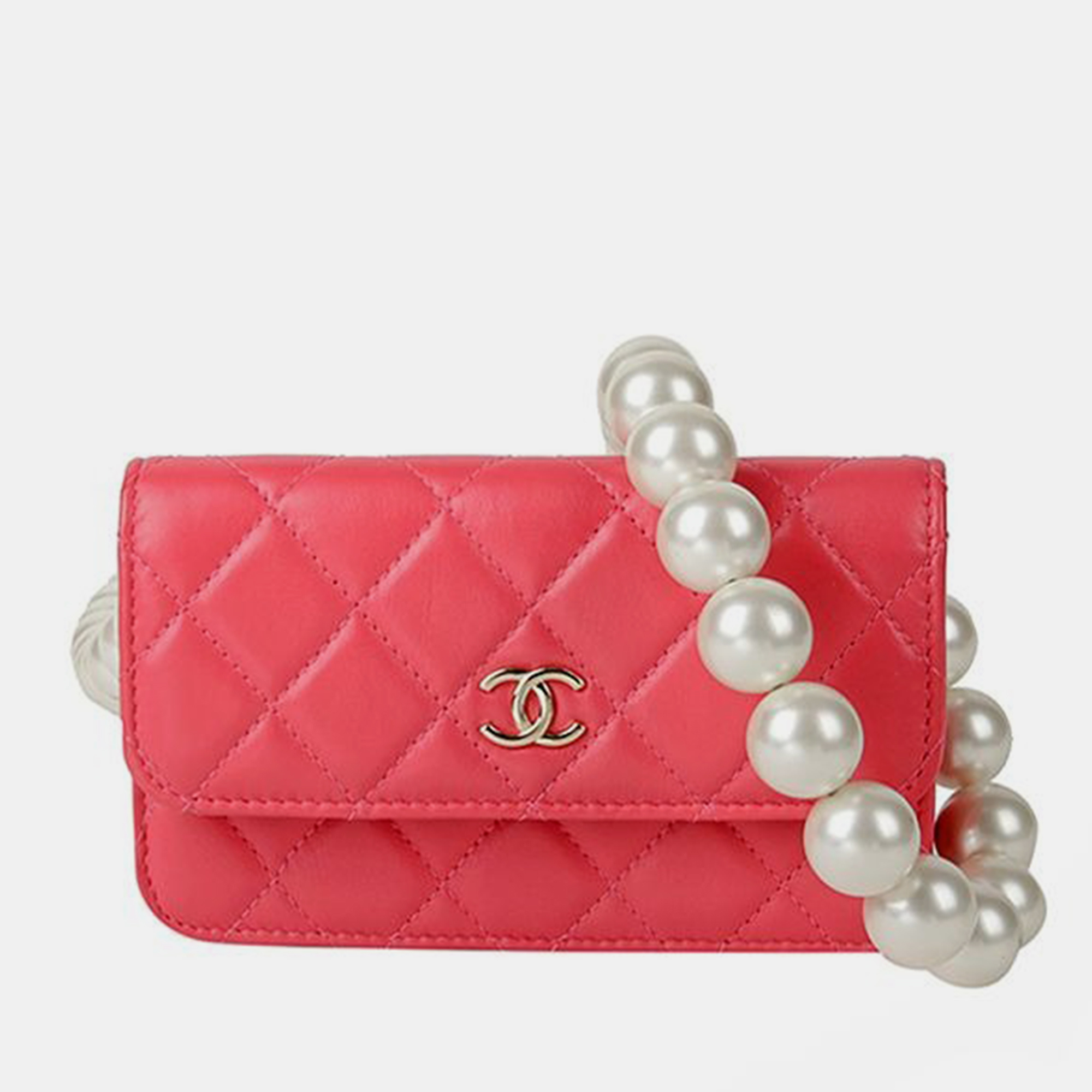 

Chanel Pink Lambskin Leather Pearl Strap Mini Wallet on Chain