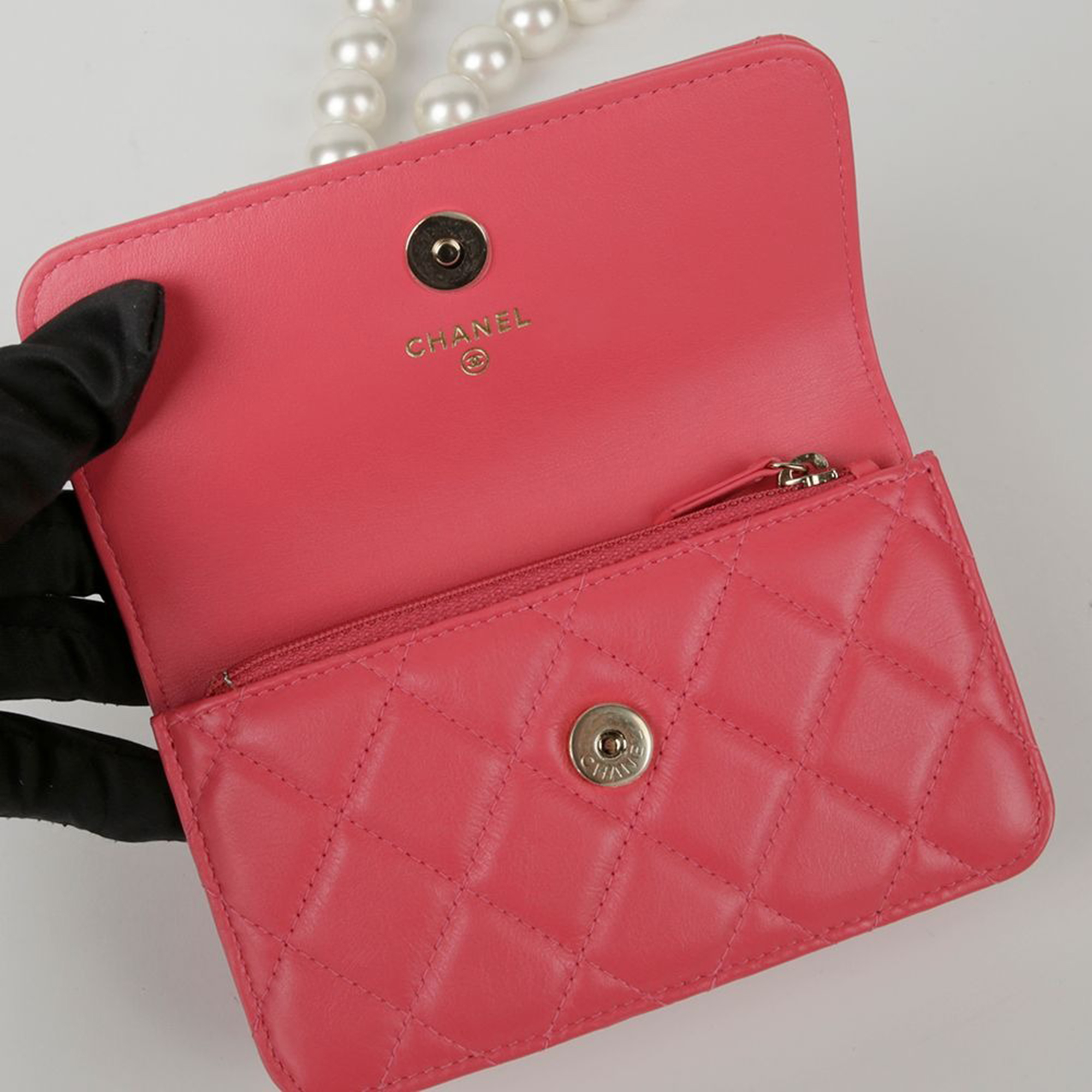 Chanel Pink Lambskin Leather Pearl Strap Mini Wallet on Chain 