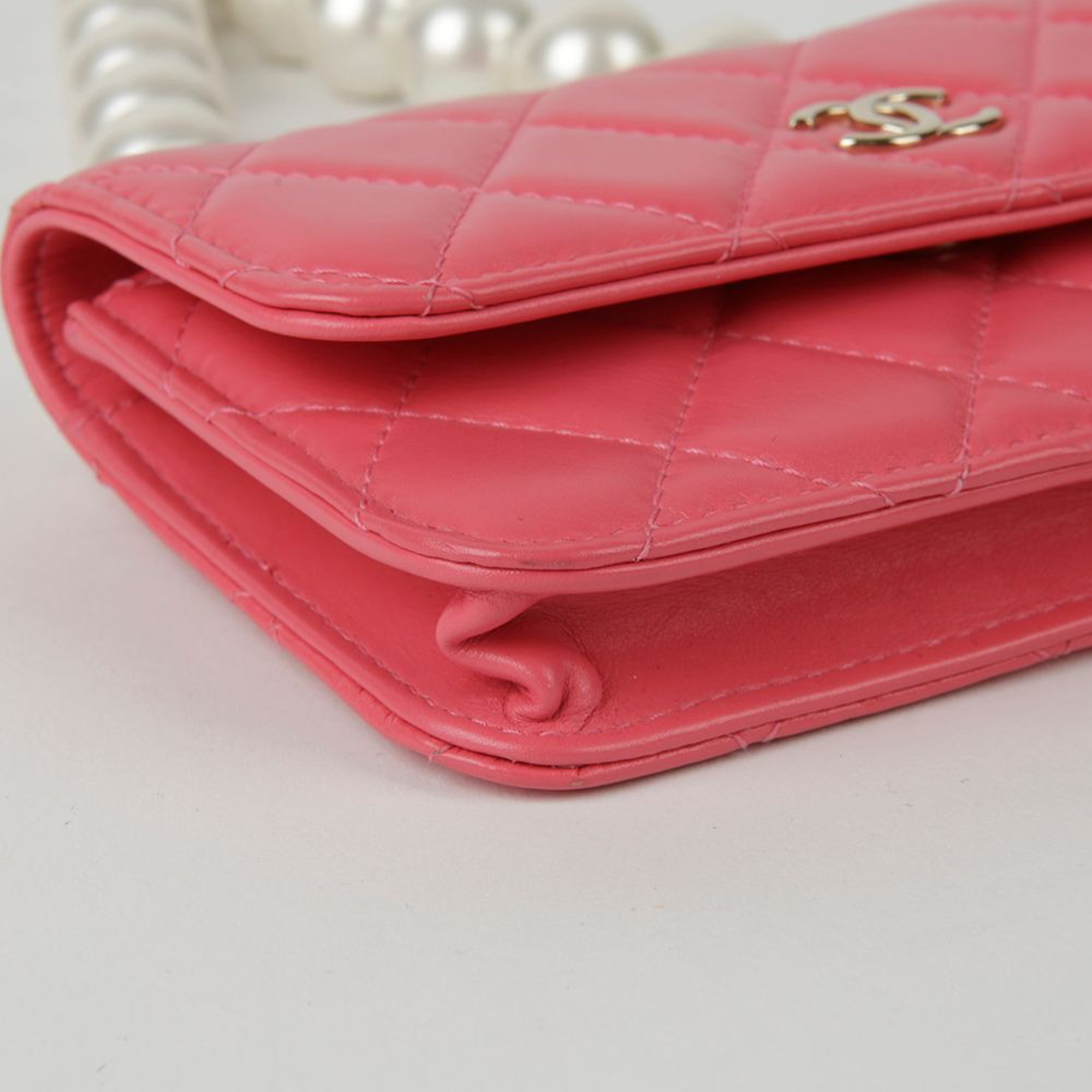 Chanel Pink Lambskin Leather Pearl Strap Mini Wallet on Chain 