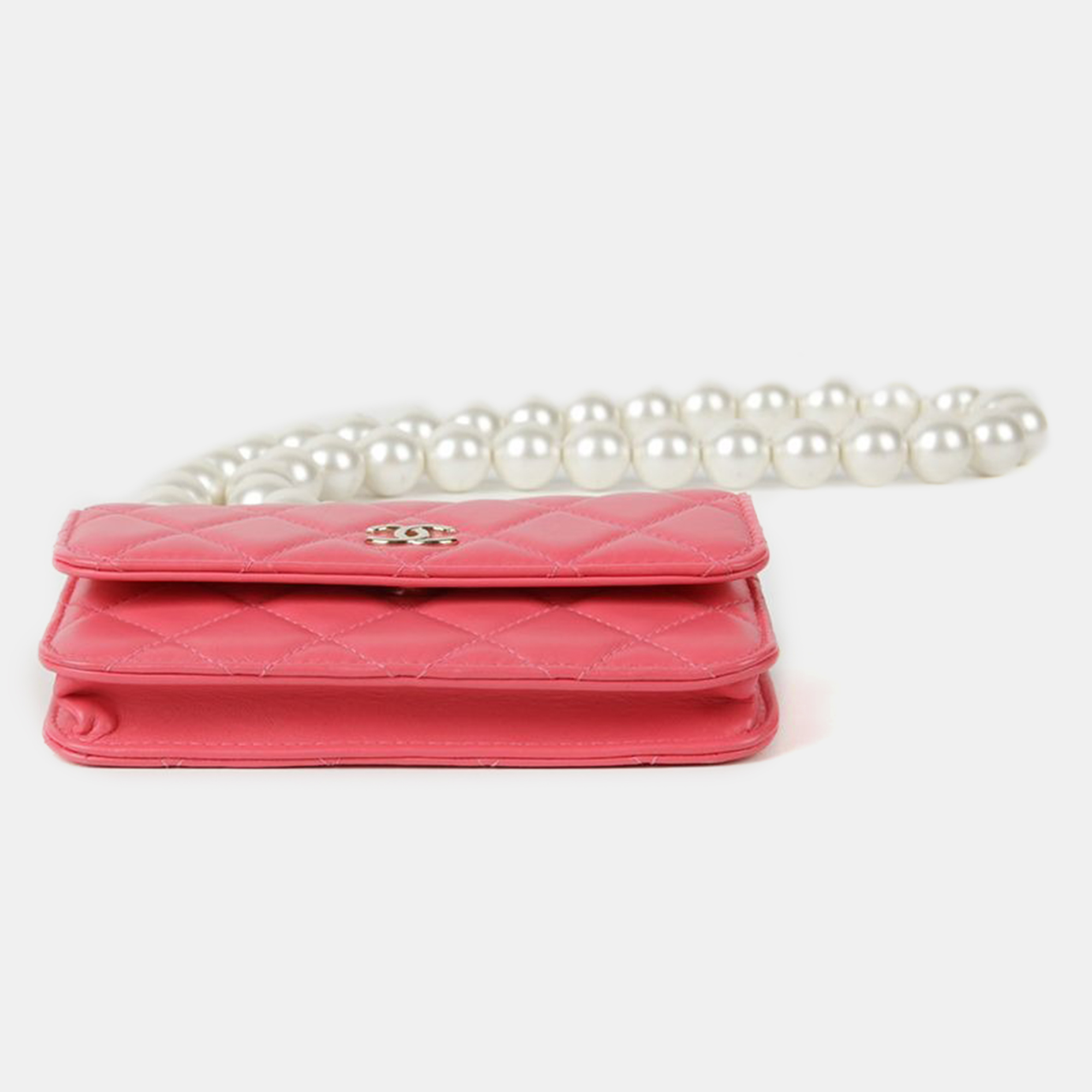 Chanel Pink Lambskin Leather Pearl Strap Mini Wallet on Chain 