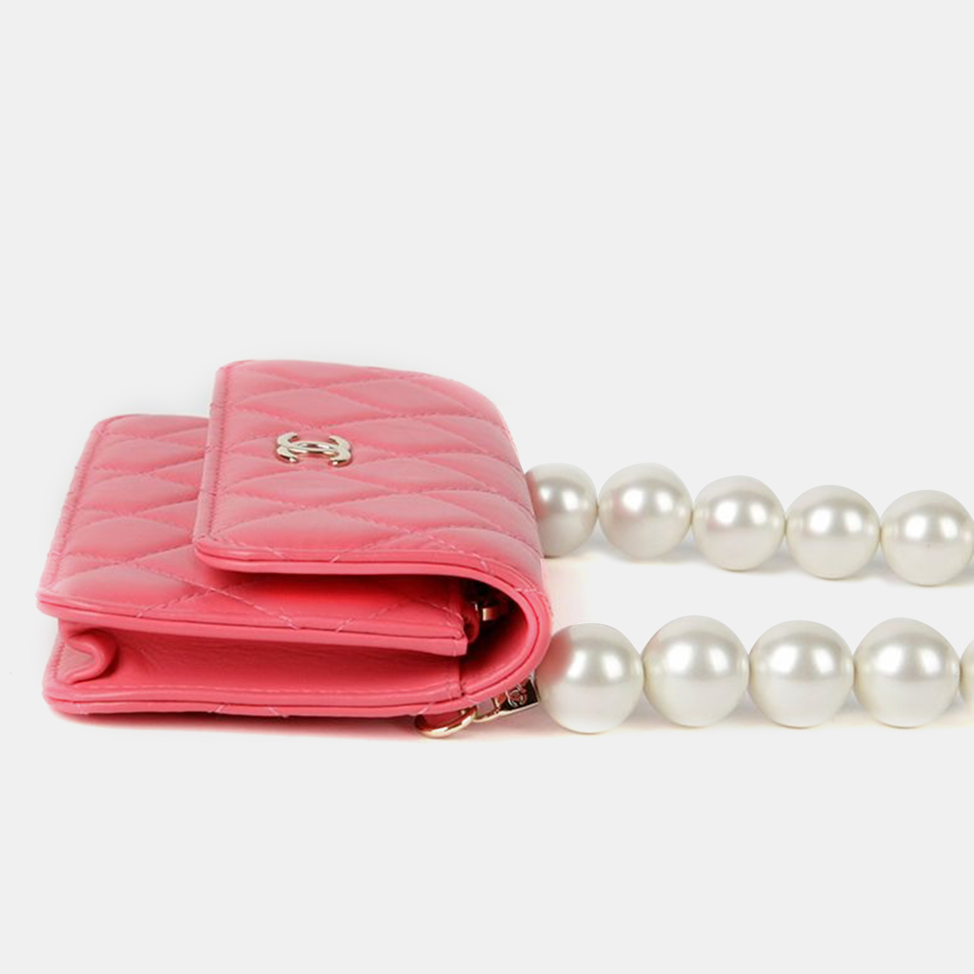 Chanel Pink Lambskin Leather Pearl Strap Mini Wallet on Chain 